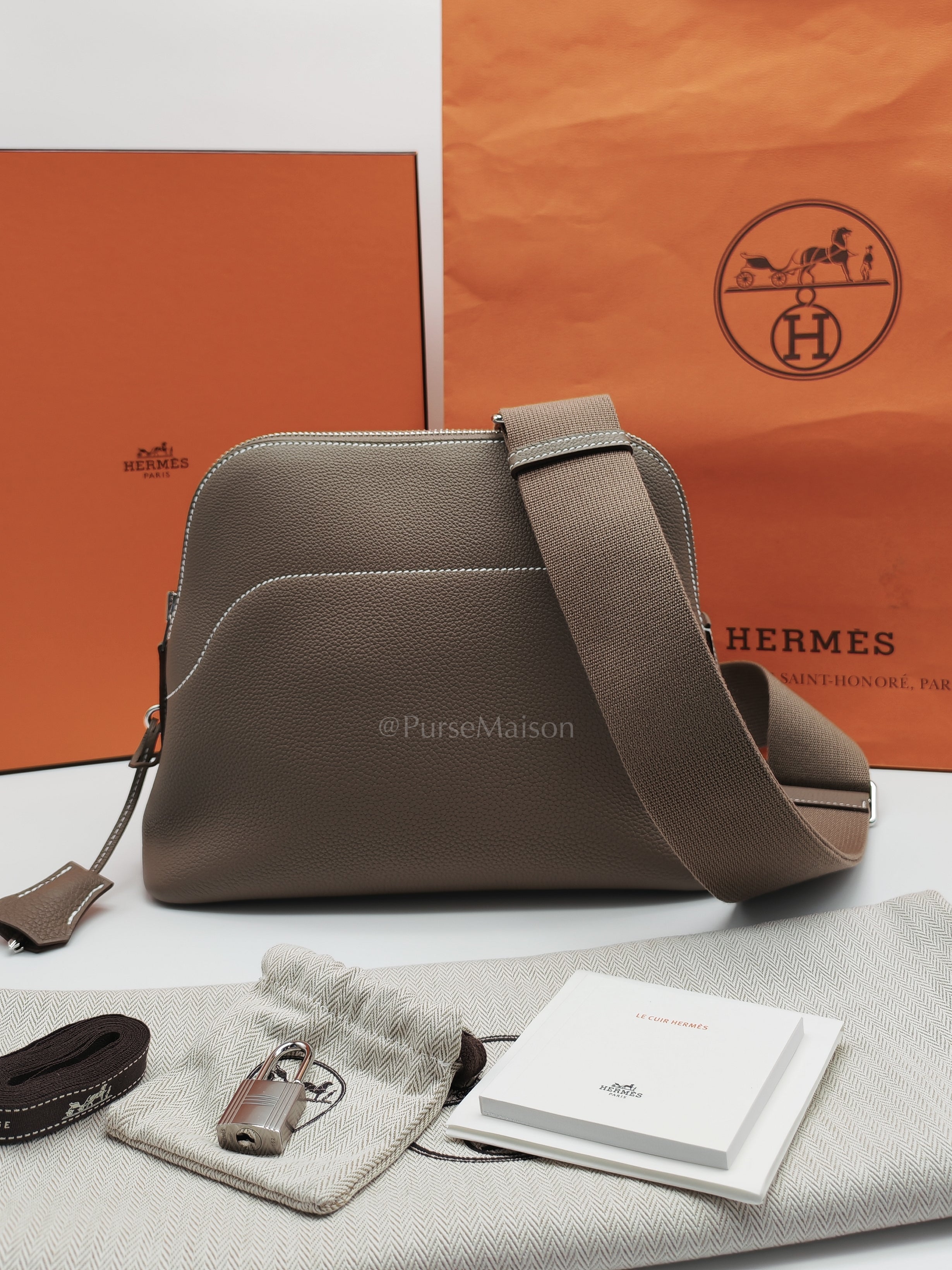 Bolide Messenger in Etoupe Evercolor Leather and Palladium Hardwarde Stamp K (2025) | Purse Maison Luxury Bags Shop