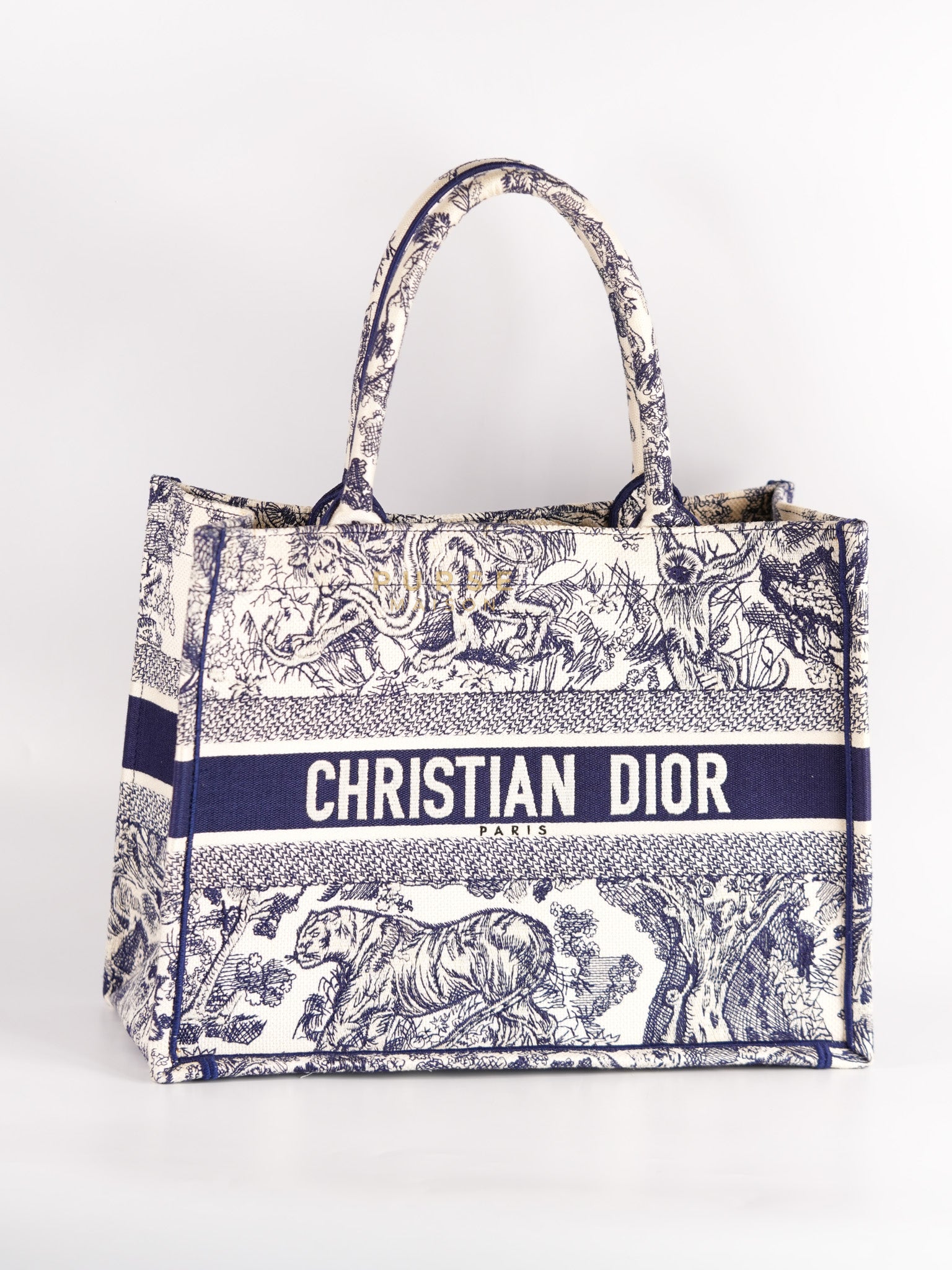 Book Tote Medium in Navy Blue/White Toile De Jouy Embroidery Canvas | Purse Maison Luxury Bags Shop