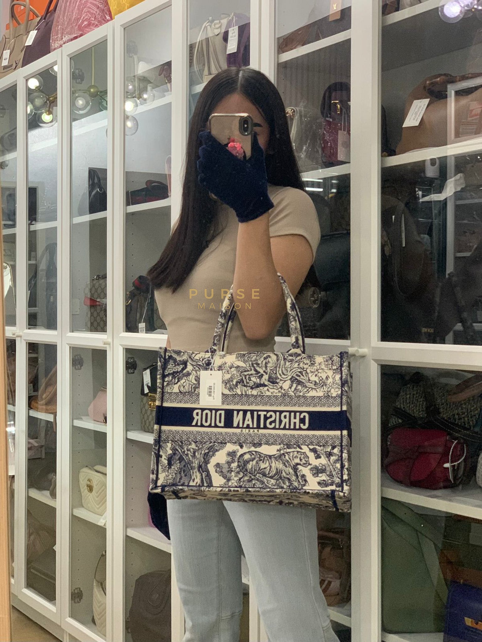 Book Tote Medium in Navy Blue/White Toile De Jouy Embroidery Canvas | Purse Maison Luxury Bags Shop