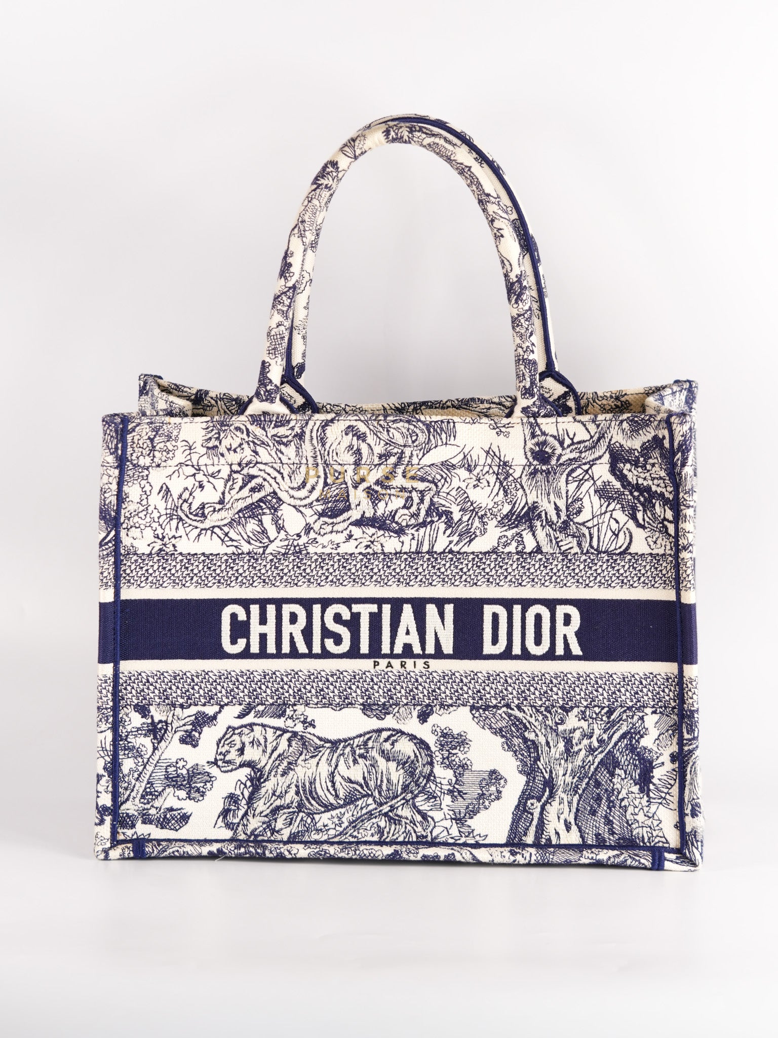 Book Tote Medium in Navy Blue/White Toile De Jouy Embroidery Canvas | Purse Maison Luxury Bags Shop