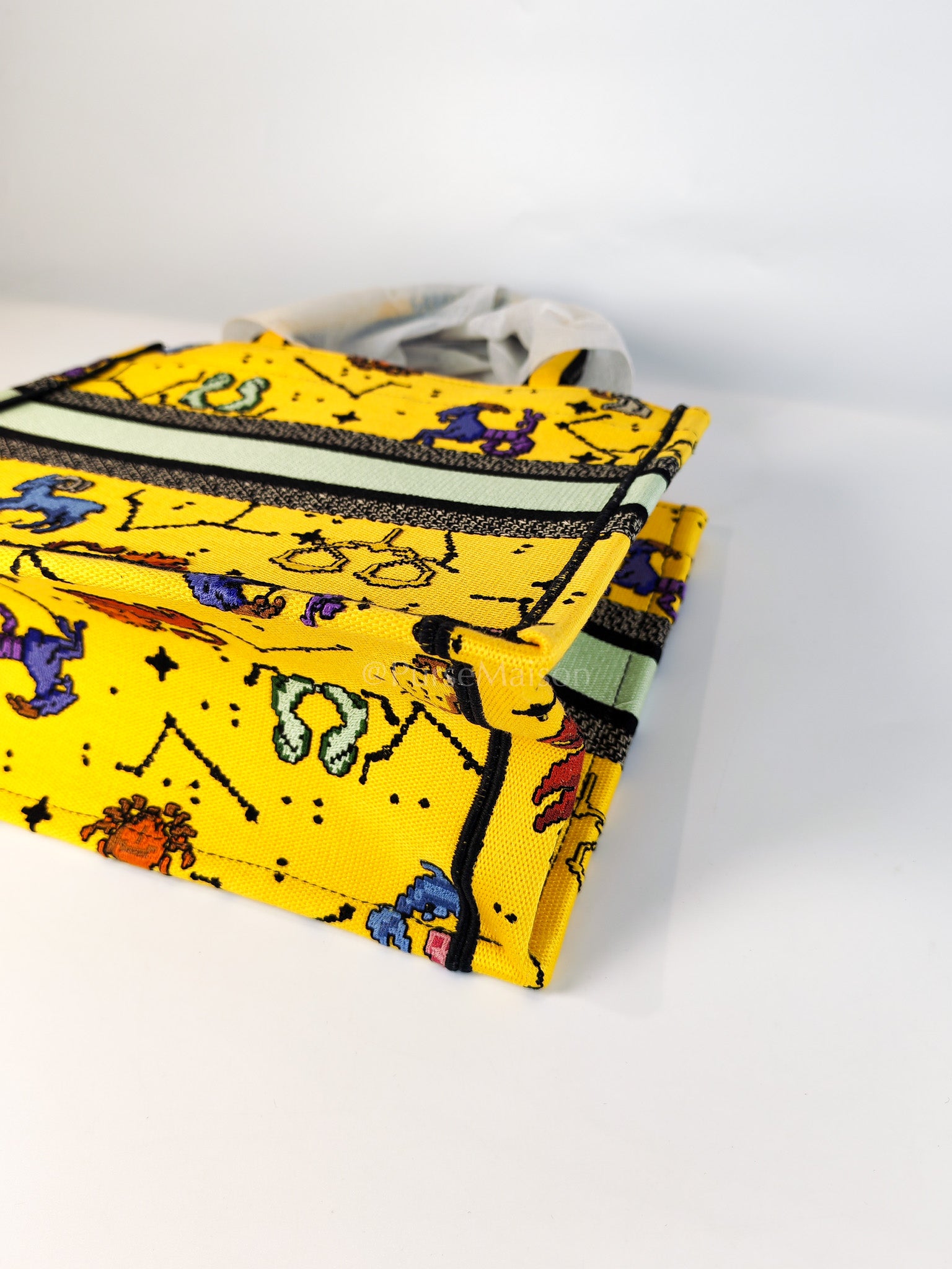 Book Tote Small in Yellow Canvas Embroidered Pixel Zodiac | Purse Maison Luxury Bags Shop