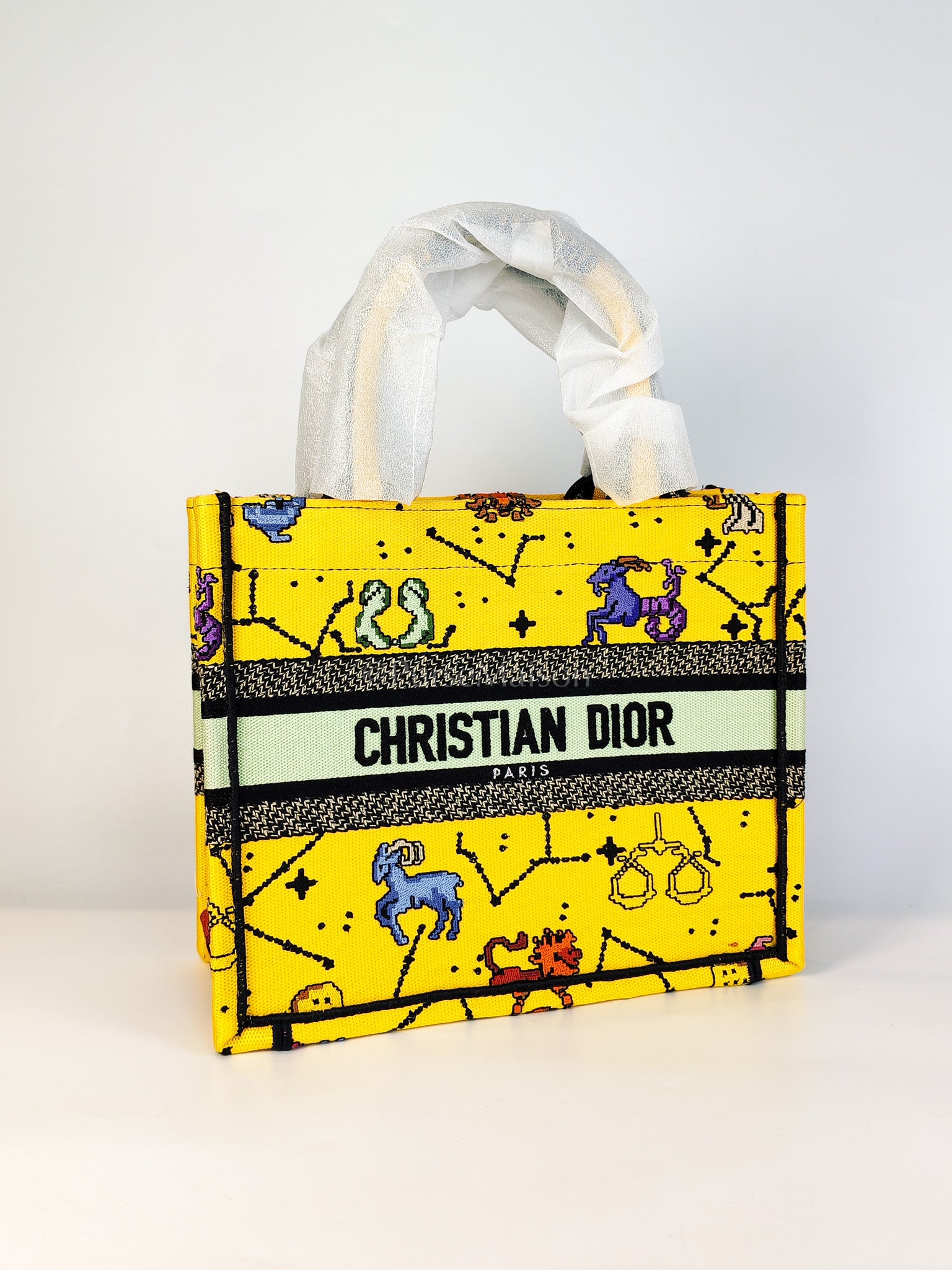 Book Tote Small in Yellow Canvas Embroidered Pixel Zodiac | Purse Maison Luxury Bags Shop