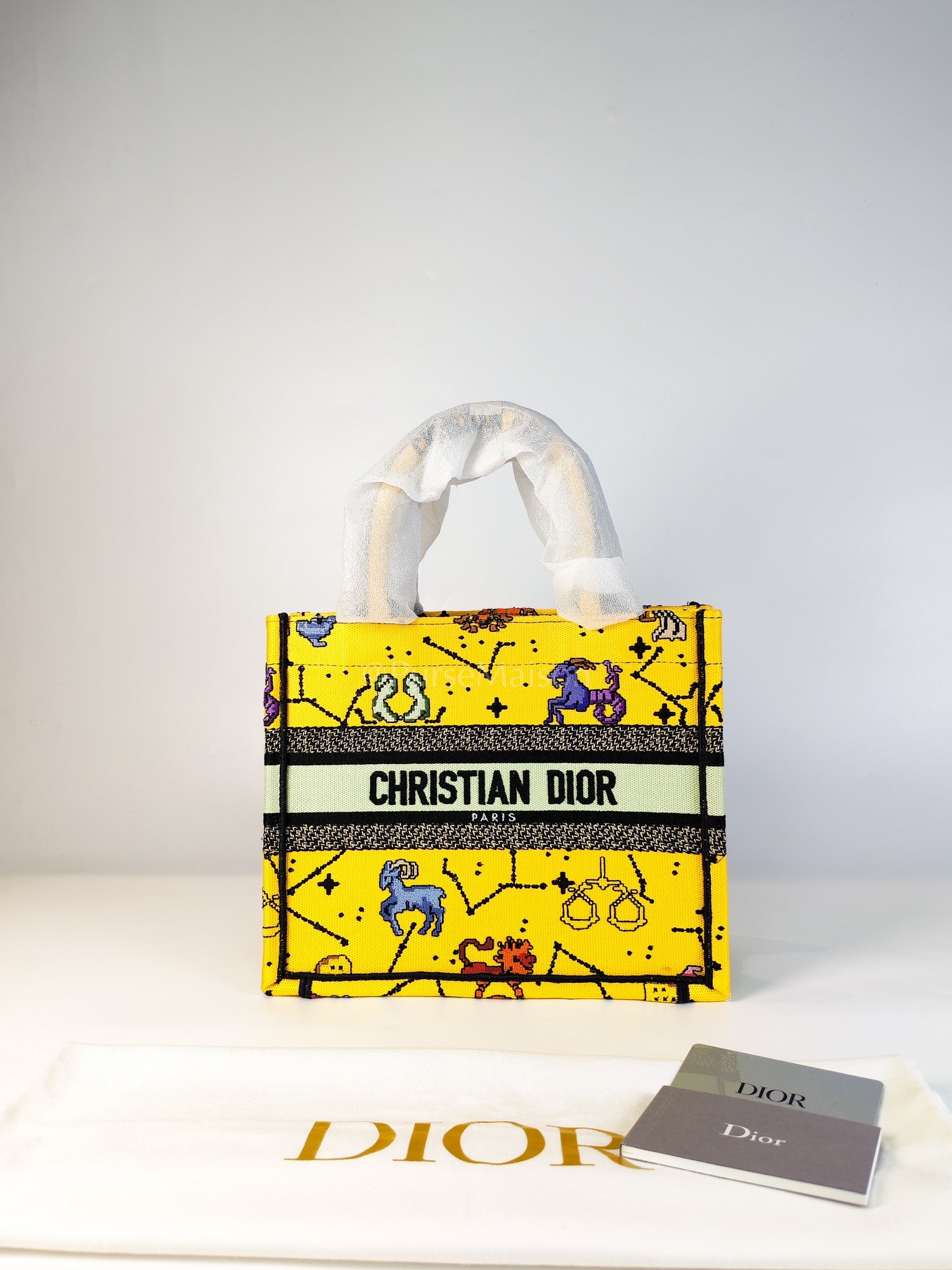 Book Tote Small in Yellow Canvas Embroidered Pixel Zodiac | Purse Maison Luxury Bags Shop