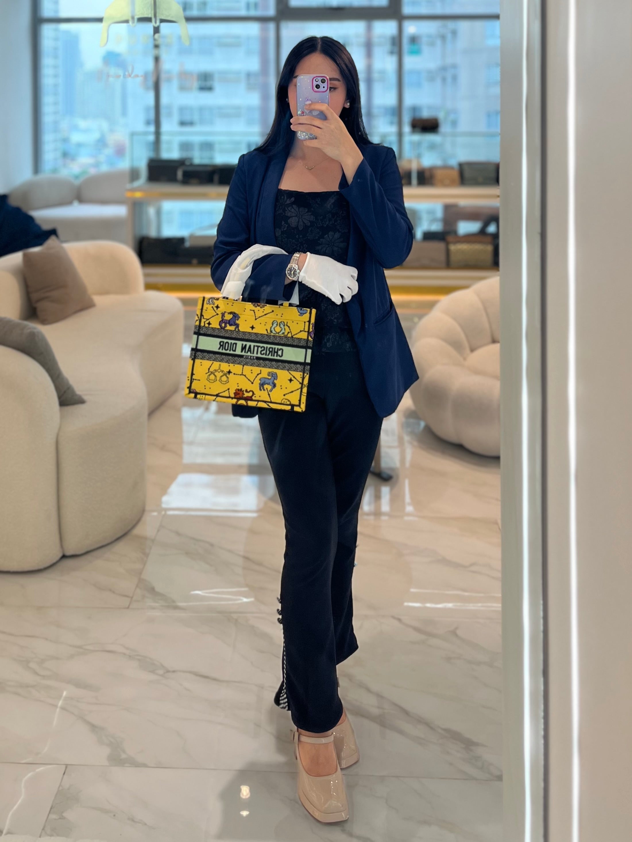 Book Tote Small in Yellow Canvas Embroidered Pixel Zodiac | Purse Maison Luxury Bags Shop