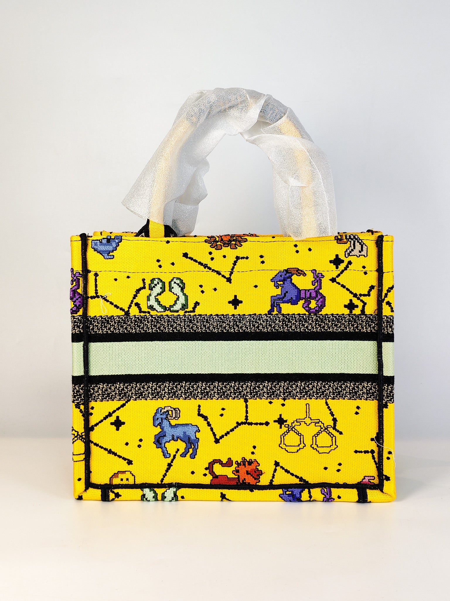 Book Tote Small in Yellow Canvas Embroidered Pixel Zodiac | Purse Maison Luxury Bags Shop