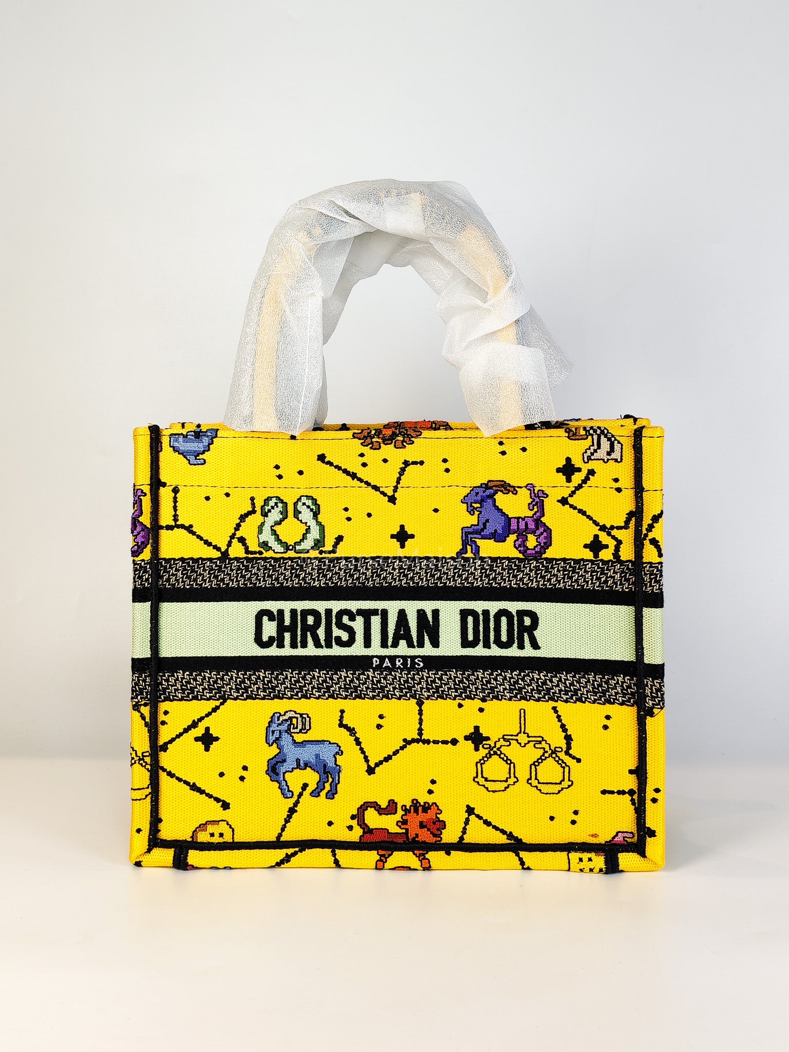 Book Tote Small in Yellow Canvas Embroidered Pixel Zodiac | Purse Maison Luxury Bags Shop