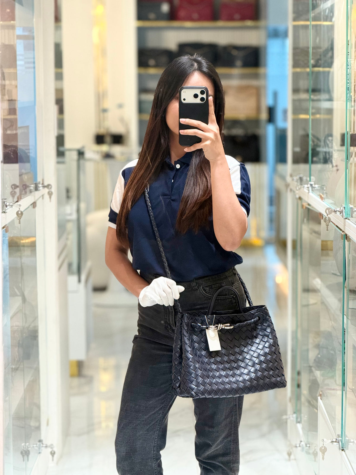 Bottega Veneta Andiamo Medium in Dark Blue Intrecciato Leather and Silver Hardware | Purse Maison Luxury Bags Shop