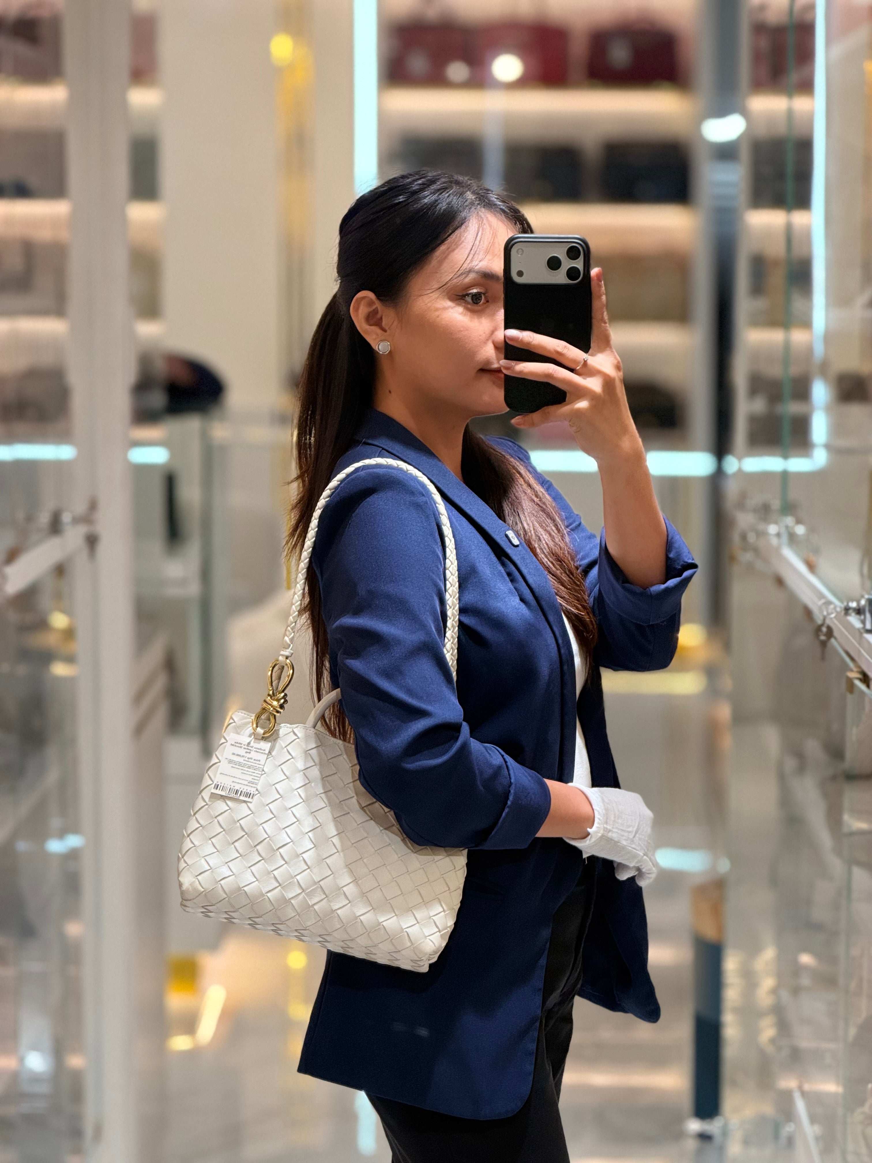 Andiamo Small in White Intrecciato Leather Shoulder Bag | Purse Maison Luxury Bags Shop