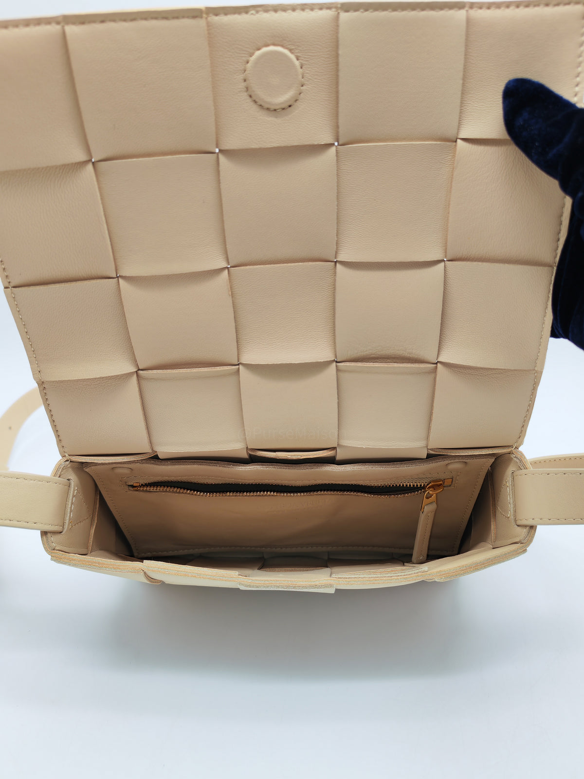 Bottega Veneta Cassette Crossbody Bag in Beige Calfskin Nappa Leather and Gold Hardware | Purse Maison Luxury Bags Shop