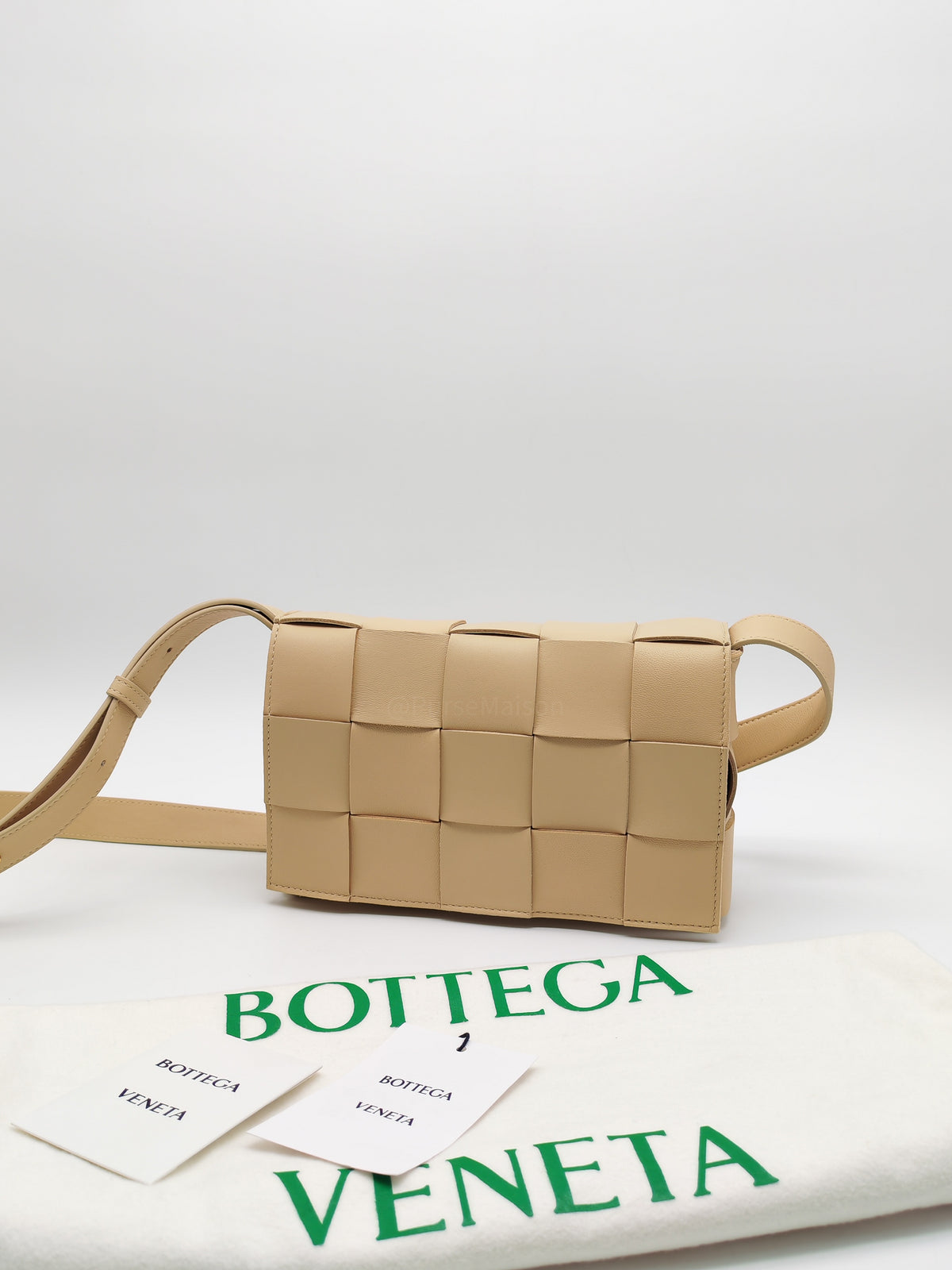 Bottega Veneta Cassette Crossbody Bag in Beige Calfskin Nappa Leather and Gold Hardware | Purse Maison Luxury Bags Shop