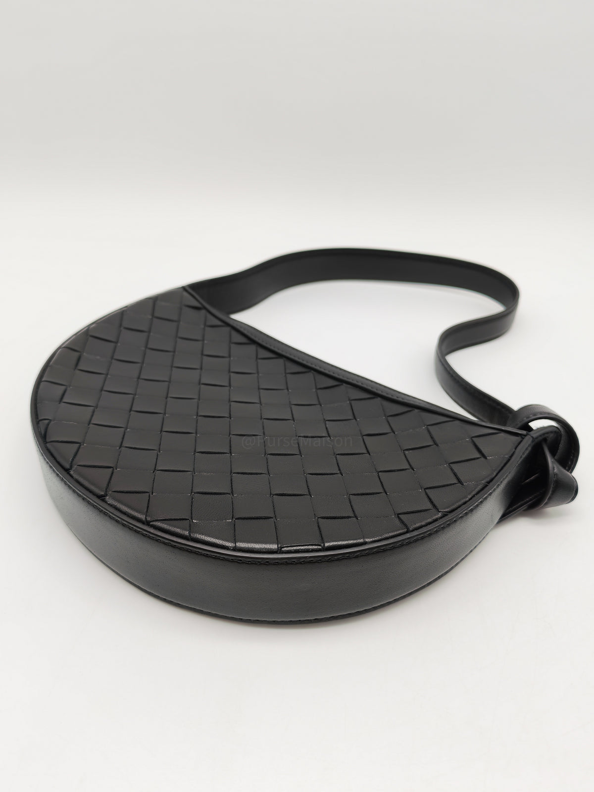 Bottega Veneta Compact Half Moon Crescent Silhoutte in Black Intrecciato Woven Leather and Gold Hardware | Purse Maison Luxury Bags Shop