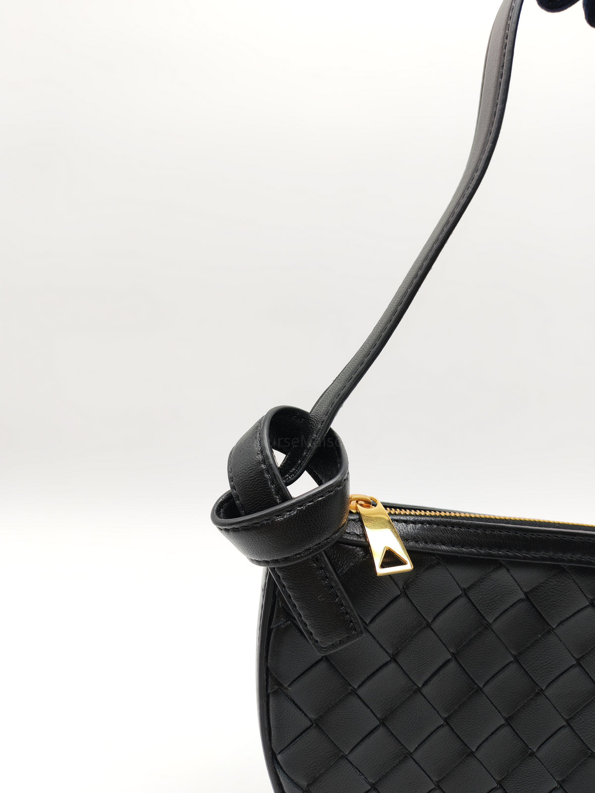 Bottega Veneta Compact Half Moon Crescent Silhoutte in Black Intrecciato Woven Leather and Gold Hardware | Purse Maison Luxury Bags Shop