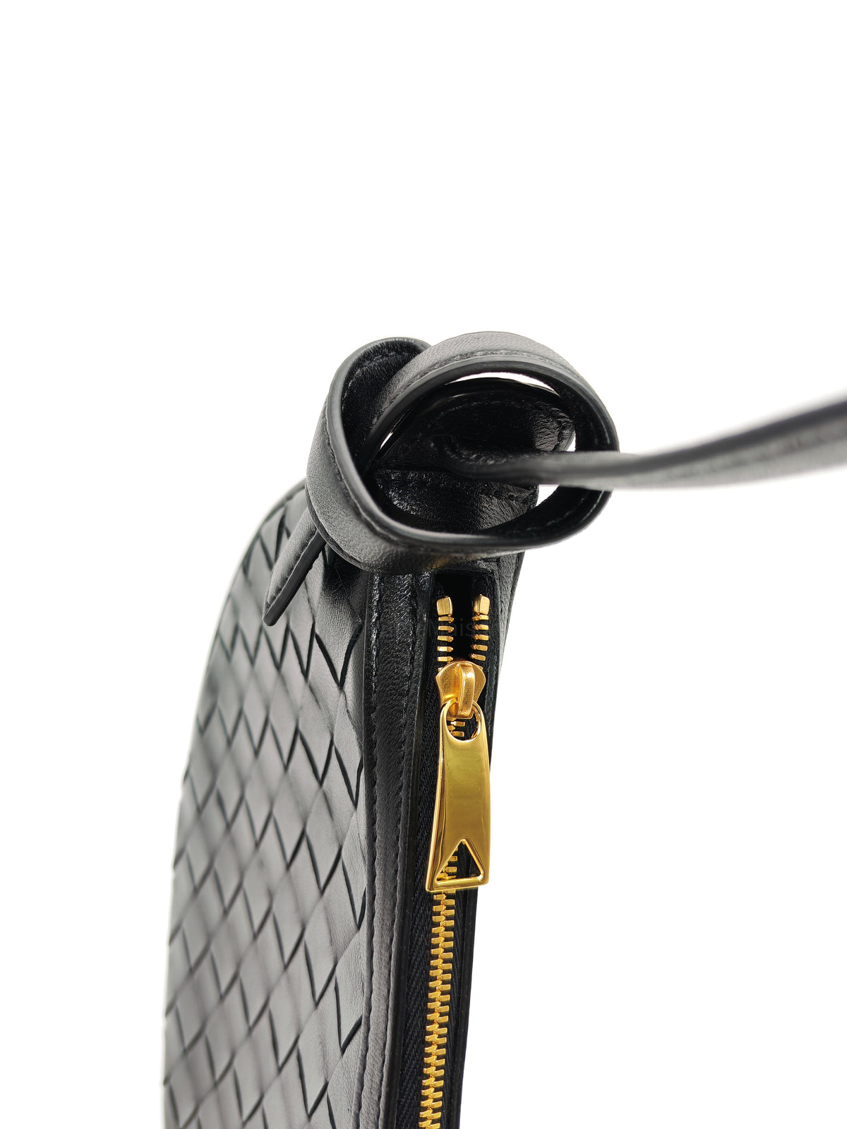 Bottega Veneta Compact Half Moon Crescent Silhoutte in Black Intrecciato Woven Leather and Gold Hardware | Purse Maison Luxury Bags Shop