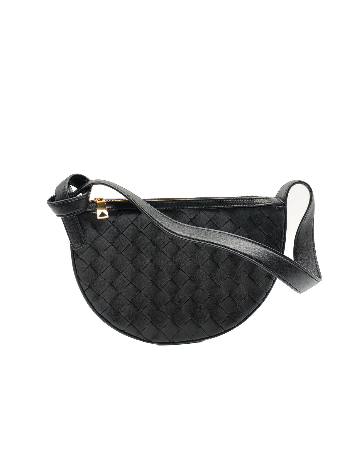 Bottega Veneta Compact Half Moon Crescent Silhoutte in Black Intrecciato Woven Leather and Gold Hardware | Purse Maison Luxury Bags Shop