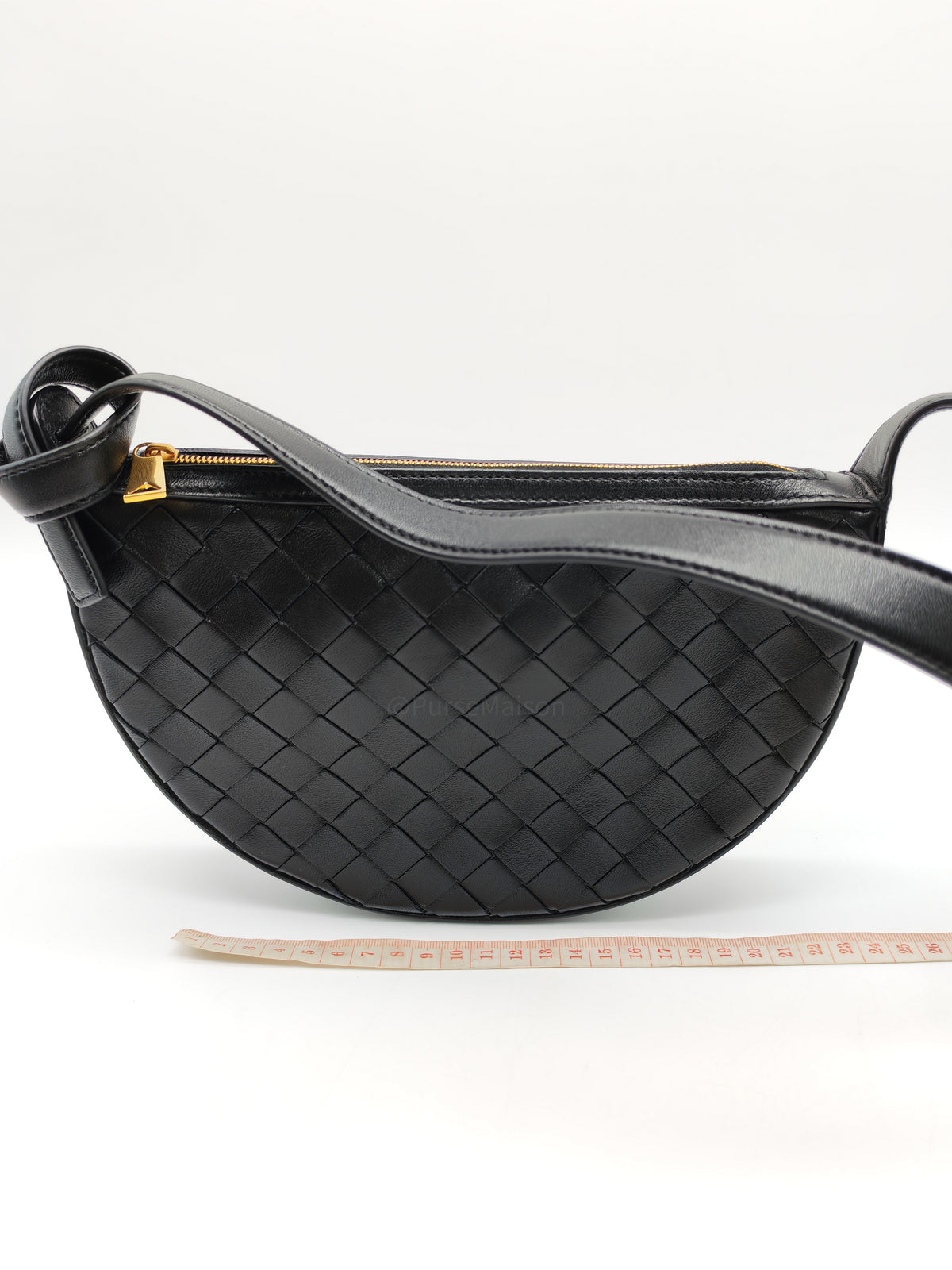 Bottega Veneta Compact Half Moon Crescent Silhoutte in Black Intrecciato Woven Leather and Gold Hardware | Purse Maison Luxury Bags Shop
