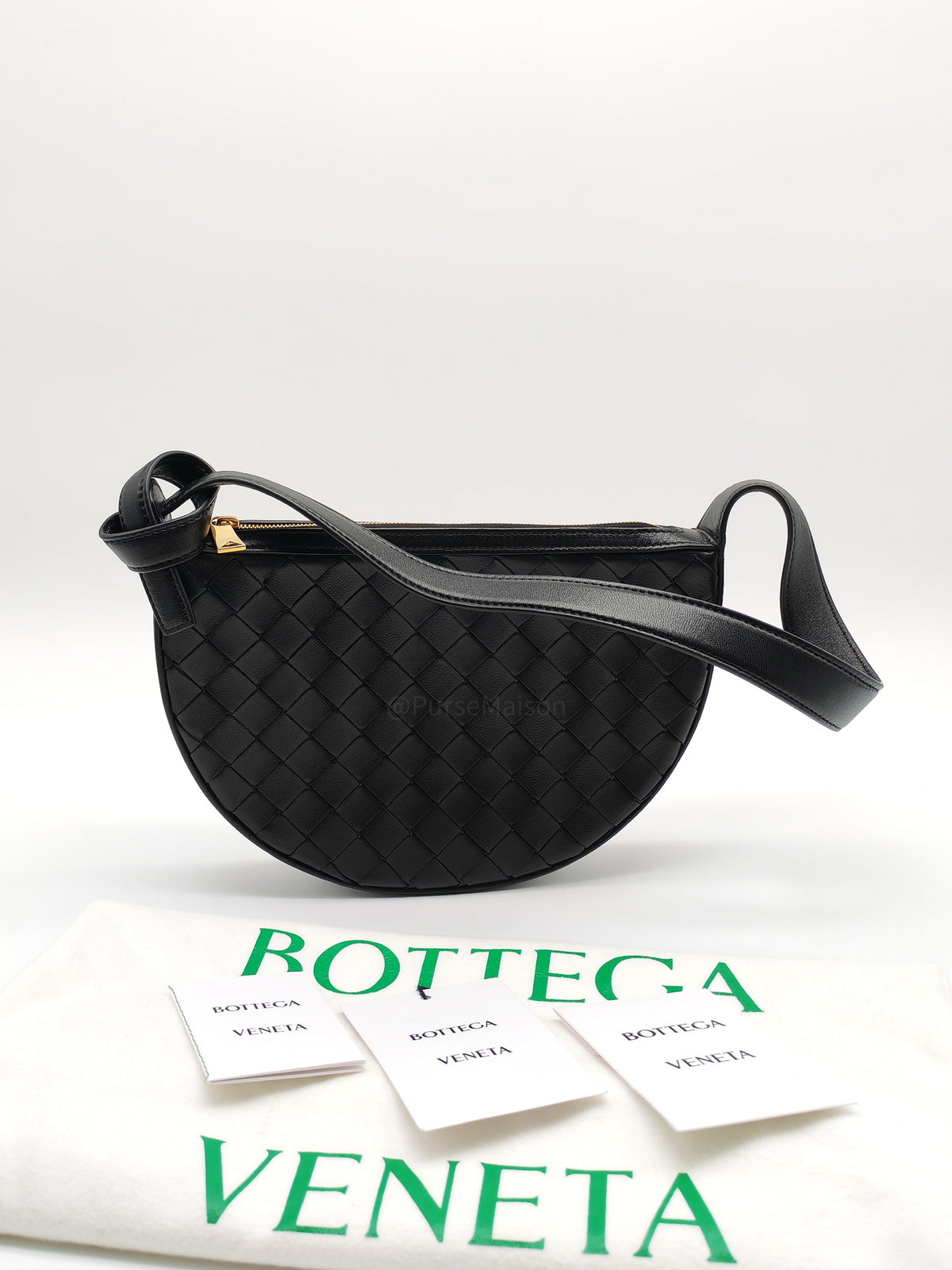 Bottega Veneta Compact Half Moon Crescent Silhoutte in Black Intrecciato Woven Leather and Gold Hardware | Purse Maison Luxury Bags Shop
