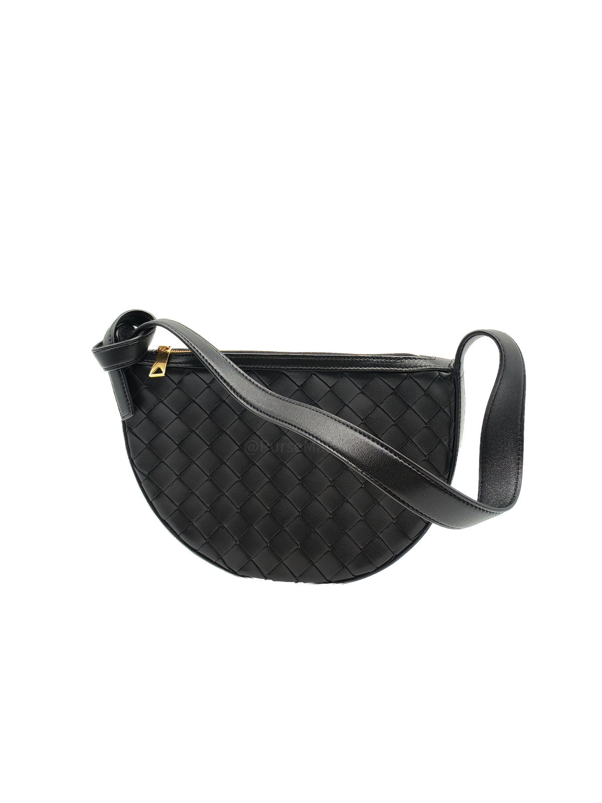Bottega Veneta Compact Half Moon Crescent Silhoutte in Black Intrecciato Woven Leather and Gold Hardware | Purse Maison Luxury Bags Shop