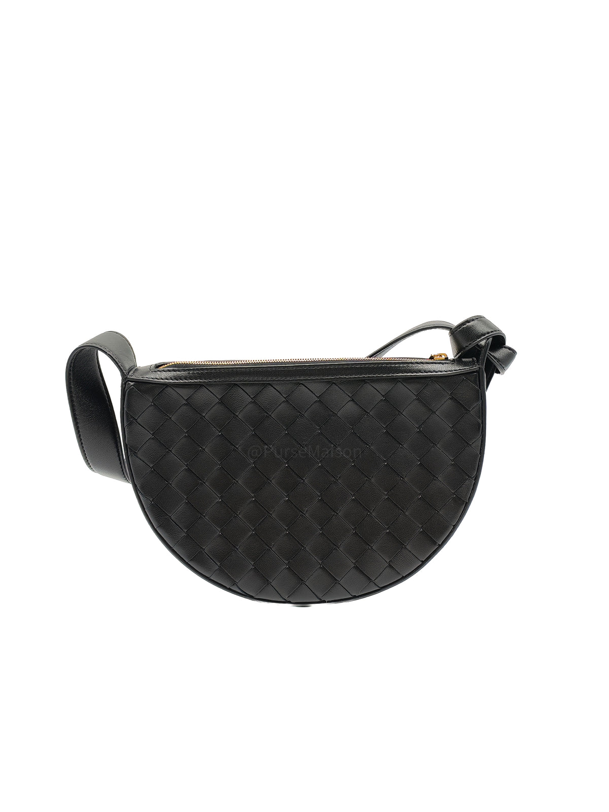 Bottega Veneta Compact Half Moon Crescent Silhoutte in Black Intrecciato Woven Leather and Gold Hardware | Purse Maison Luxury Bags Shop