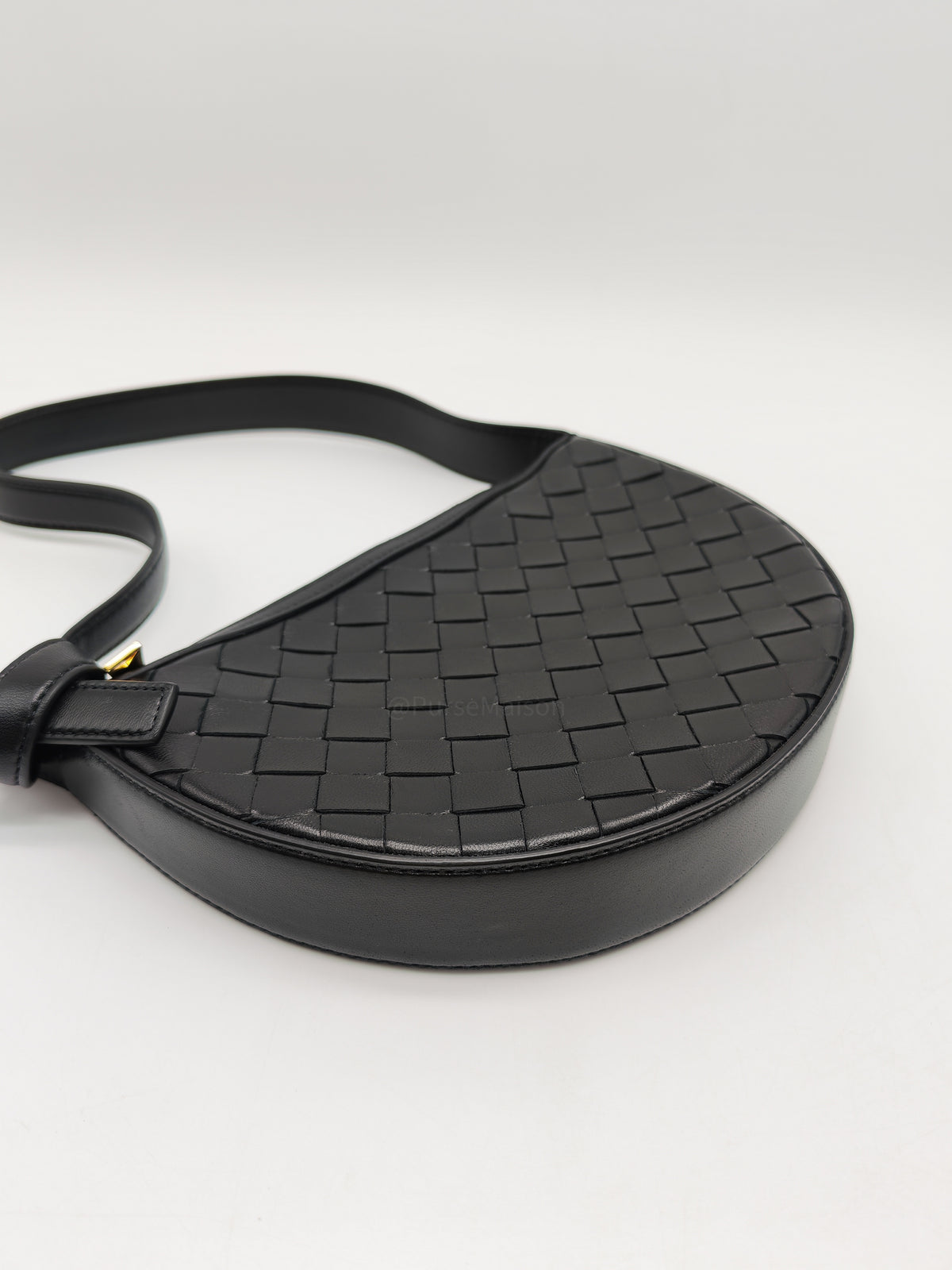 Bottega Veneta Compact Half Moon Crescent Silhoutte in Black Intrecciato Woven Leather and Gold Hardware | Purse Maison Luxury Bags Shop