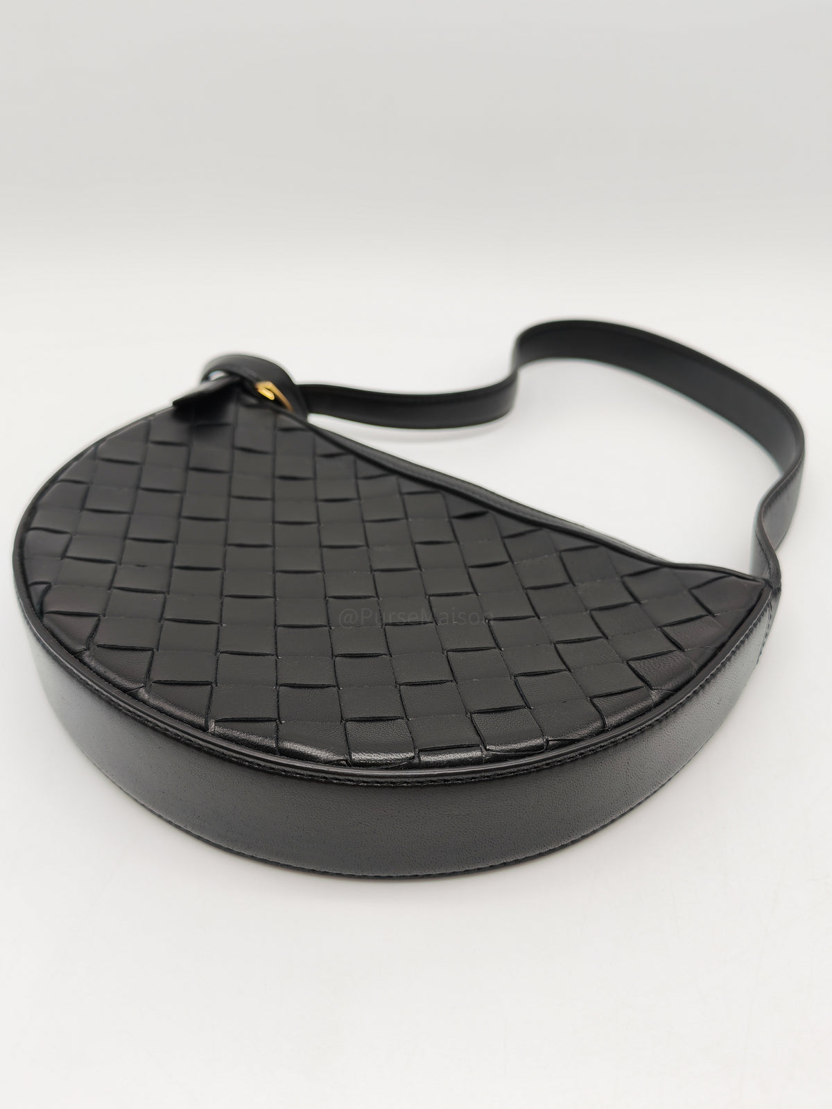 Bottega Veneta Compact Half Moon Crescent Silhoutte in Black Intrecciato Woven Leather and Gold Hardware | Purse Maison Luxury Bags Shop