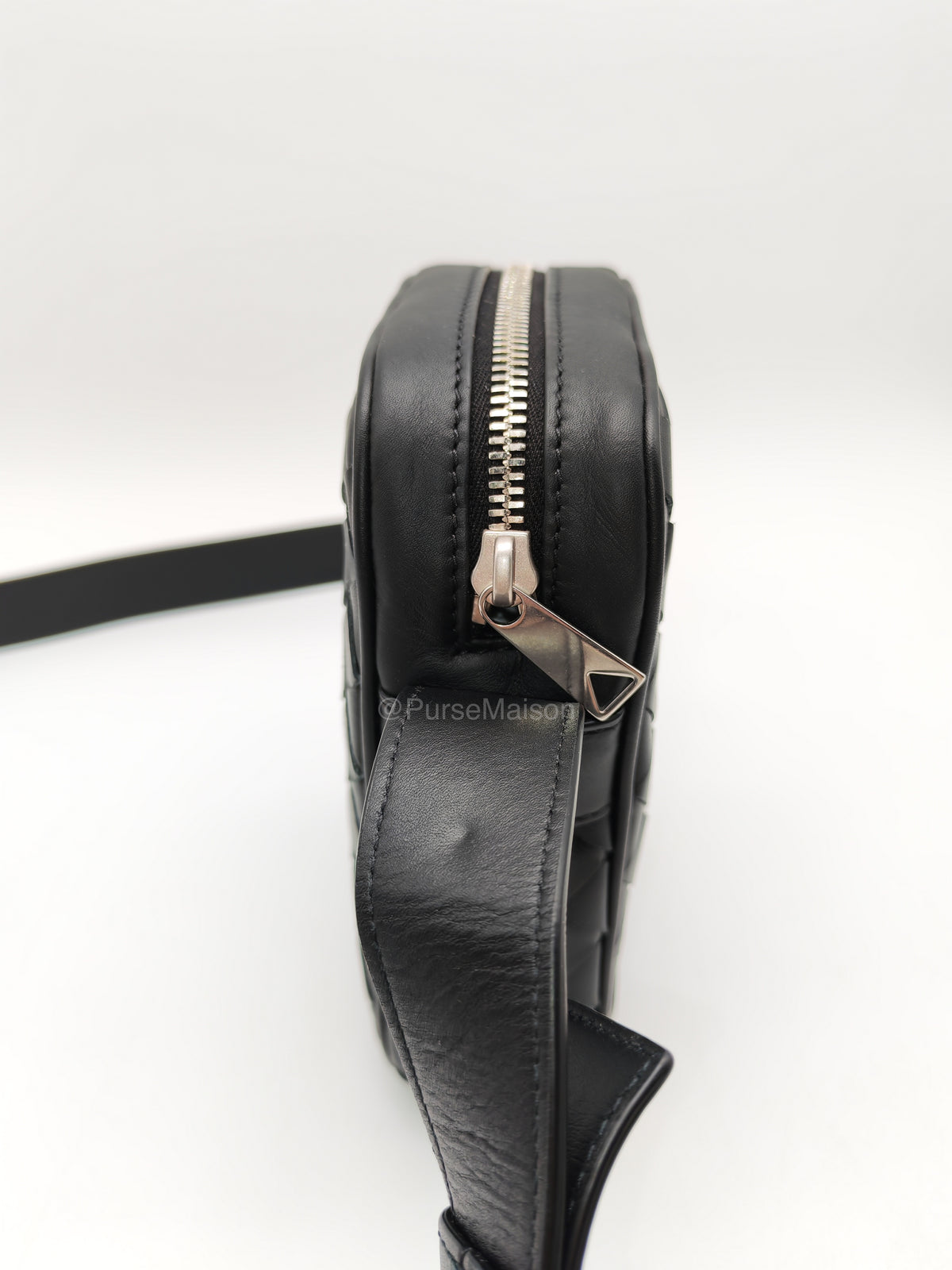 Bottega Veneta Zipped Phone Pouch Bag in Black Intrecciato Woven Leather & Silver Hardware | Purse Maison Luxury Bags Shop