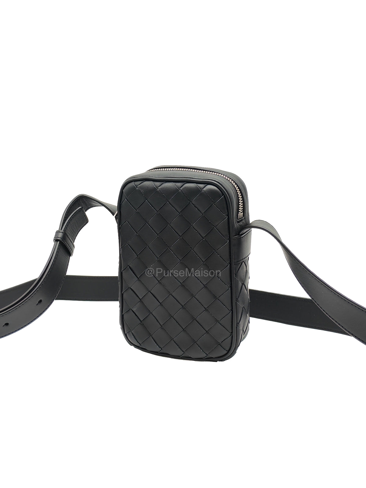 Bottega Veneta Zipped Phone Pouch Bag in Black Intrecciato Woven Leather & Silver Hardware | Purse Maison Luxury Bags Shop