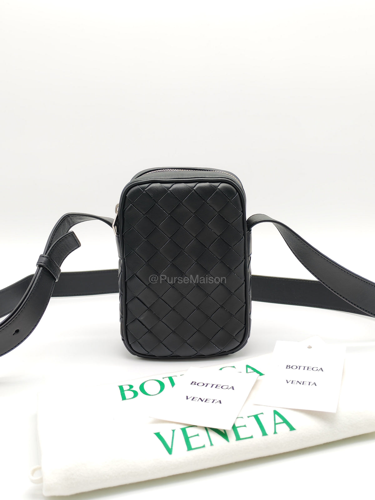 Bottega Veneta Zipped Phone Pouch Bag in Black Intrecciato Woven Leather & Silver Hardware | Purse Maison Luxury Bags Shop