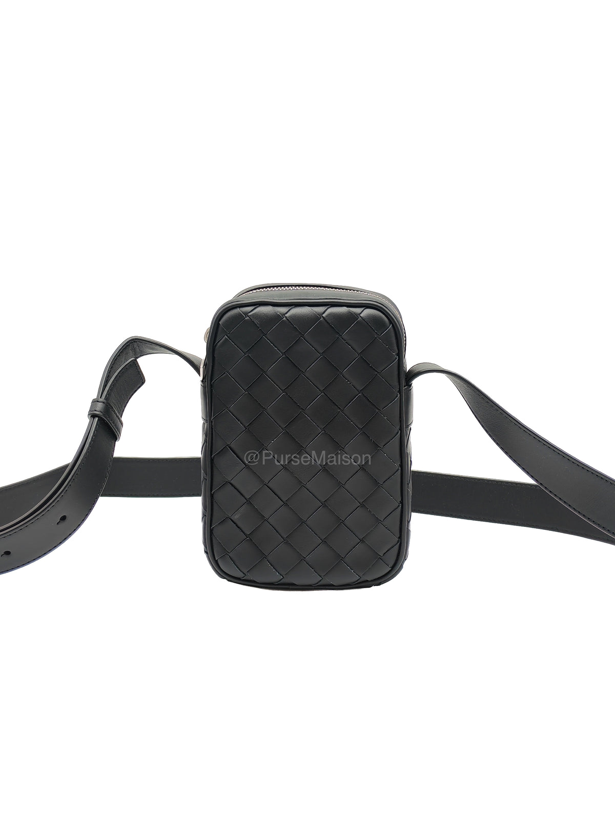 Bottega Veneta Zipped Phone Pouch Bag in Black Intrecciato Woven Leather & Silver Hardware | Purse Maison Luxury Bags Shop