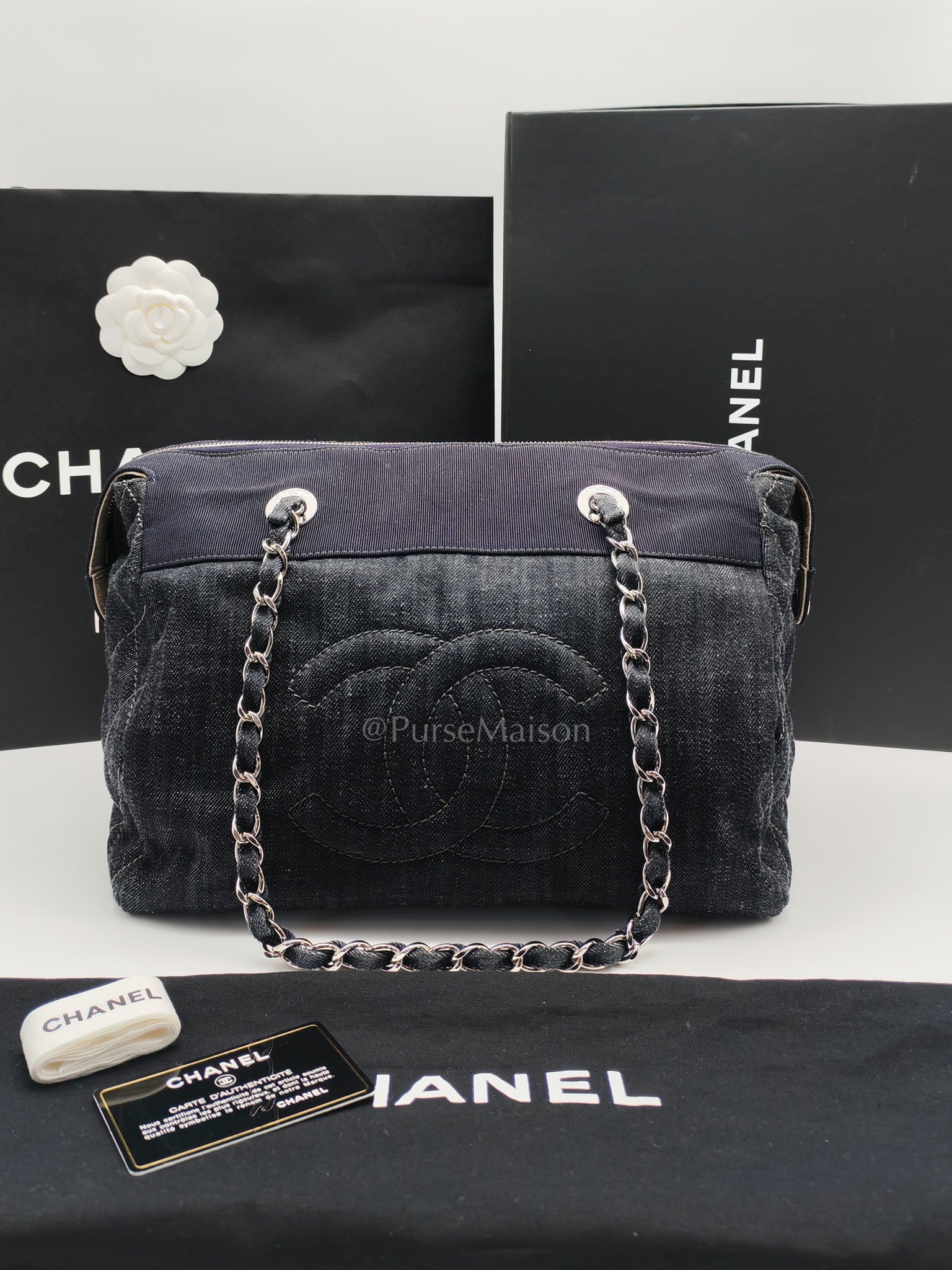 Bowling Bag Dark Blue Denim in Silver Hardware (Series 13) | Purse Maison Luxury Bags Shop