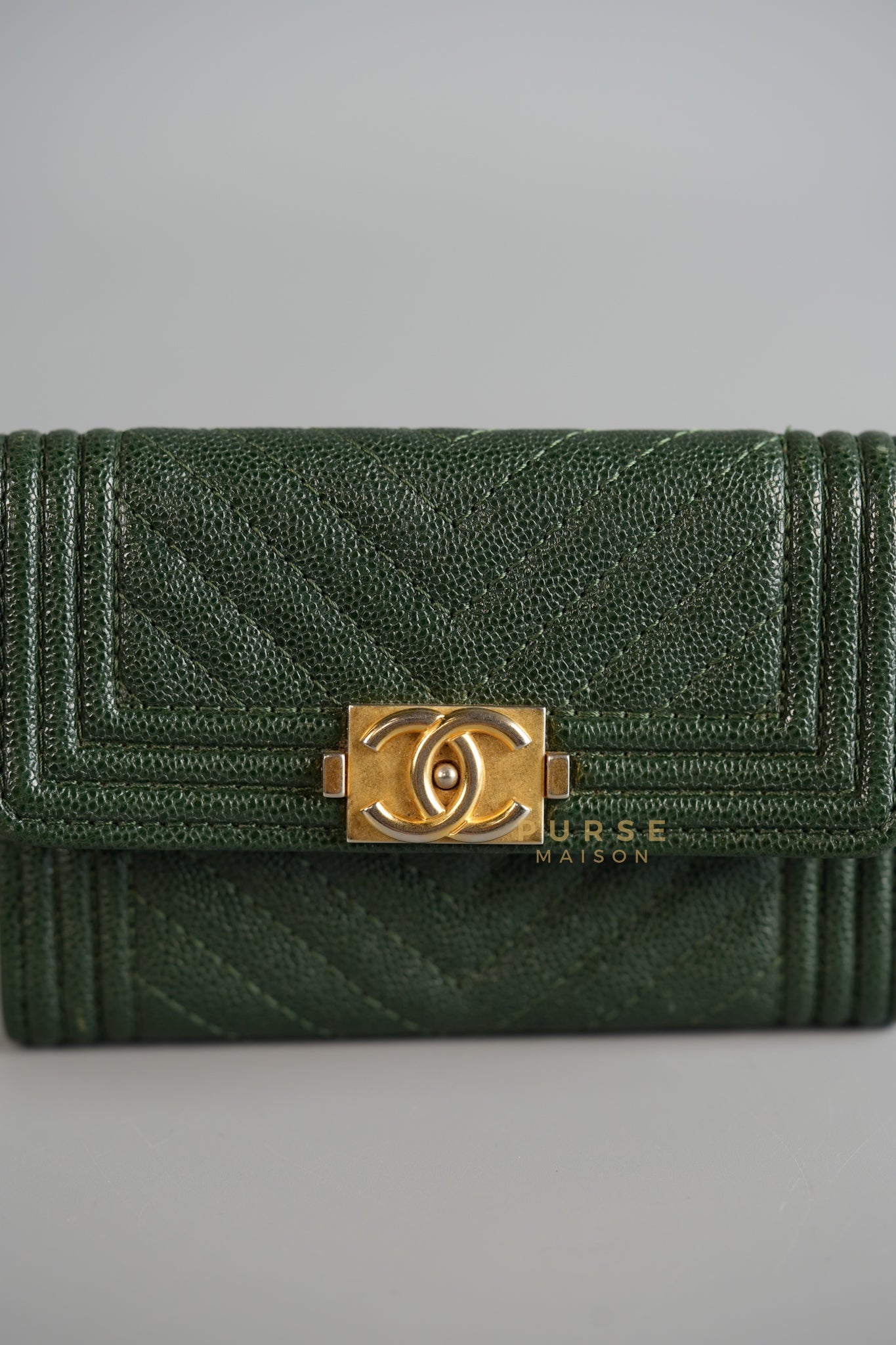 Boy Card Holder Chevron in Emerald Green Caviar & Aged Gold Hardware Series 26 | Purse Maison Luxury Bags Shop