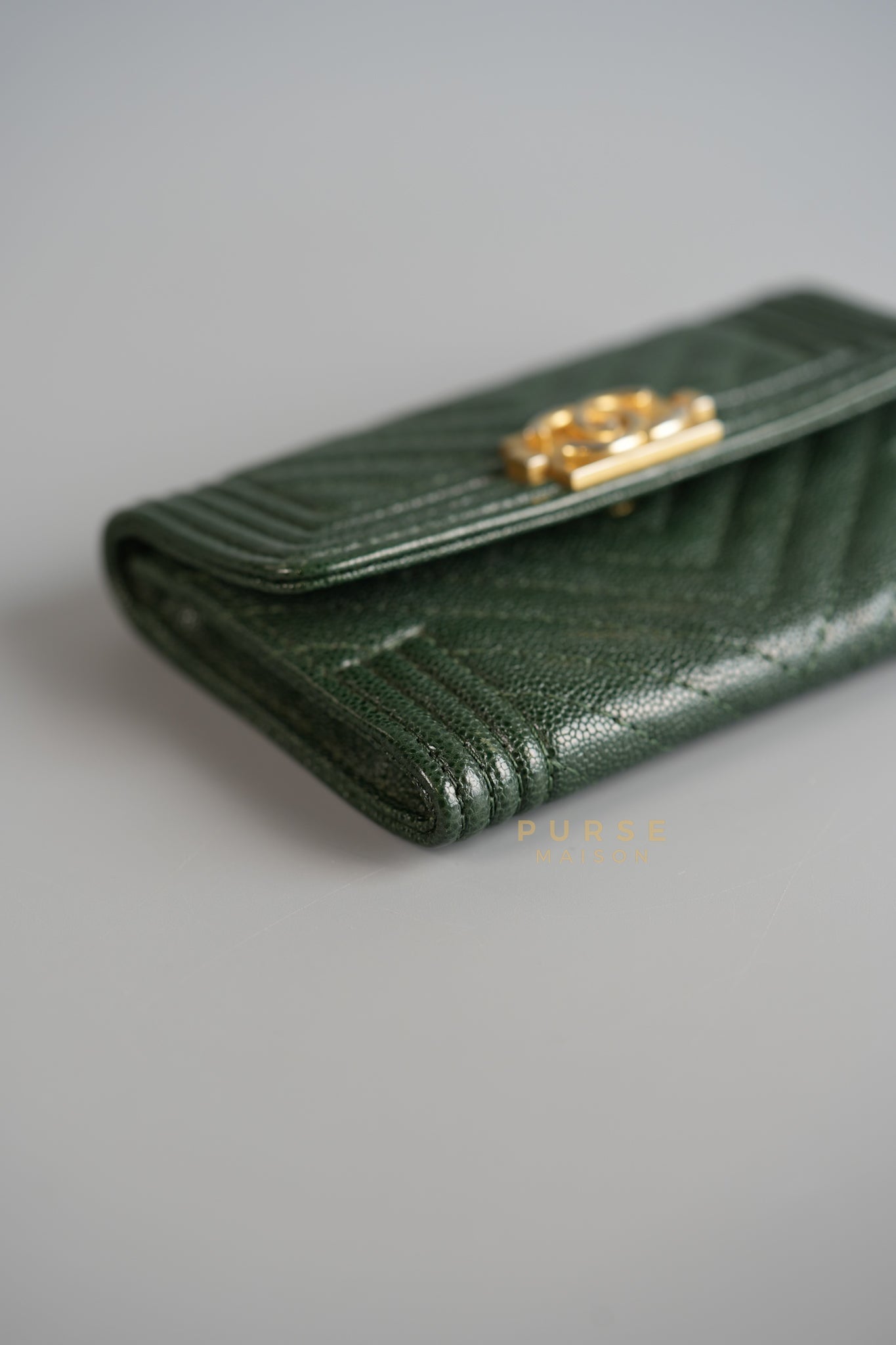 Boy Card Holder Chevron in Emerald Green Caviar & Aged Gold Hardware Series 26 | Purse Maison Luxury Bags Shop