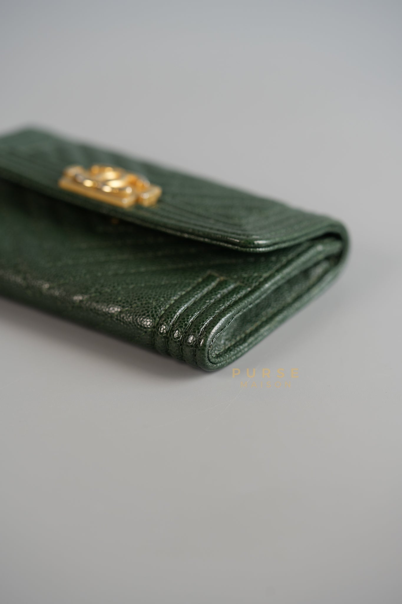 Boy Card Holder Chevron in Emerald Green Caviar & Aged Gold Hardware Series 26 | Purse Maison Luxury Bags Shop