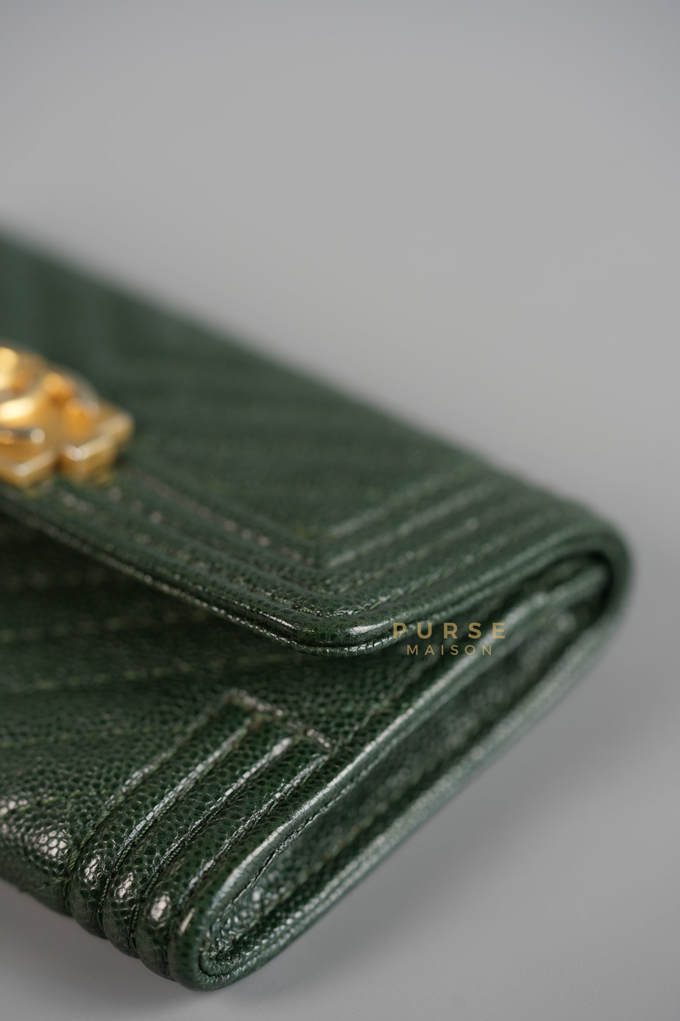 Boy Card Holder Chevron in Emerald Green Caviar & Aged Gold Hardware Series 26 | Purse Maison Luxury Bags Shop