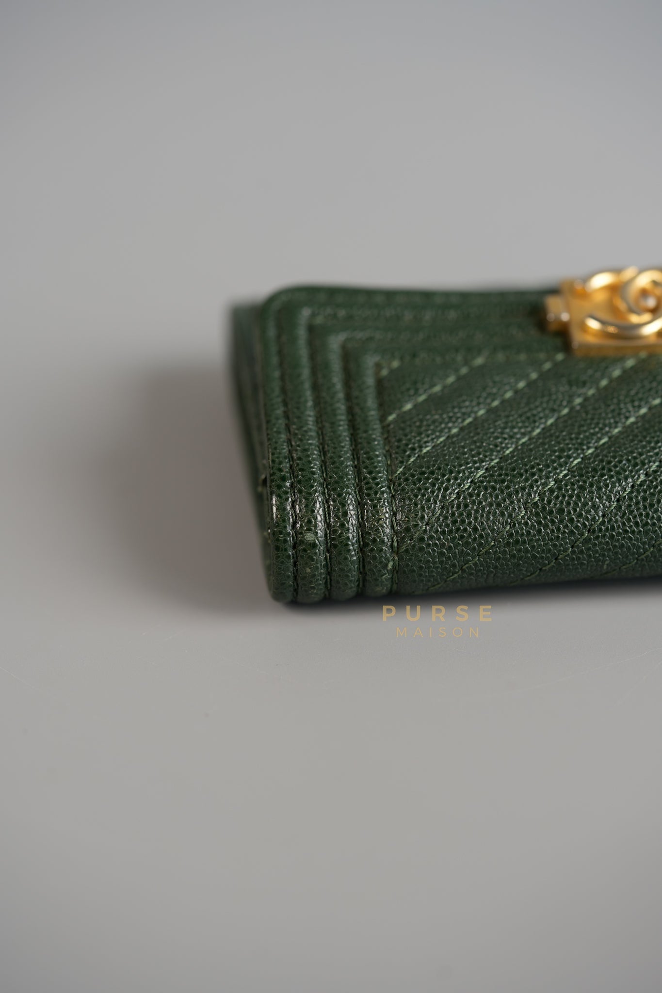 Boy Card Holder Chevron in Emerald Green Caviar & Aged Gold Hardware Series 26 | Purse Maison Luxury Bags Shop