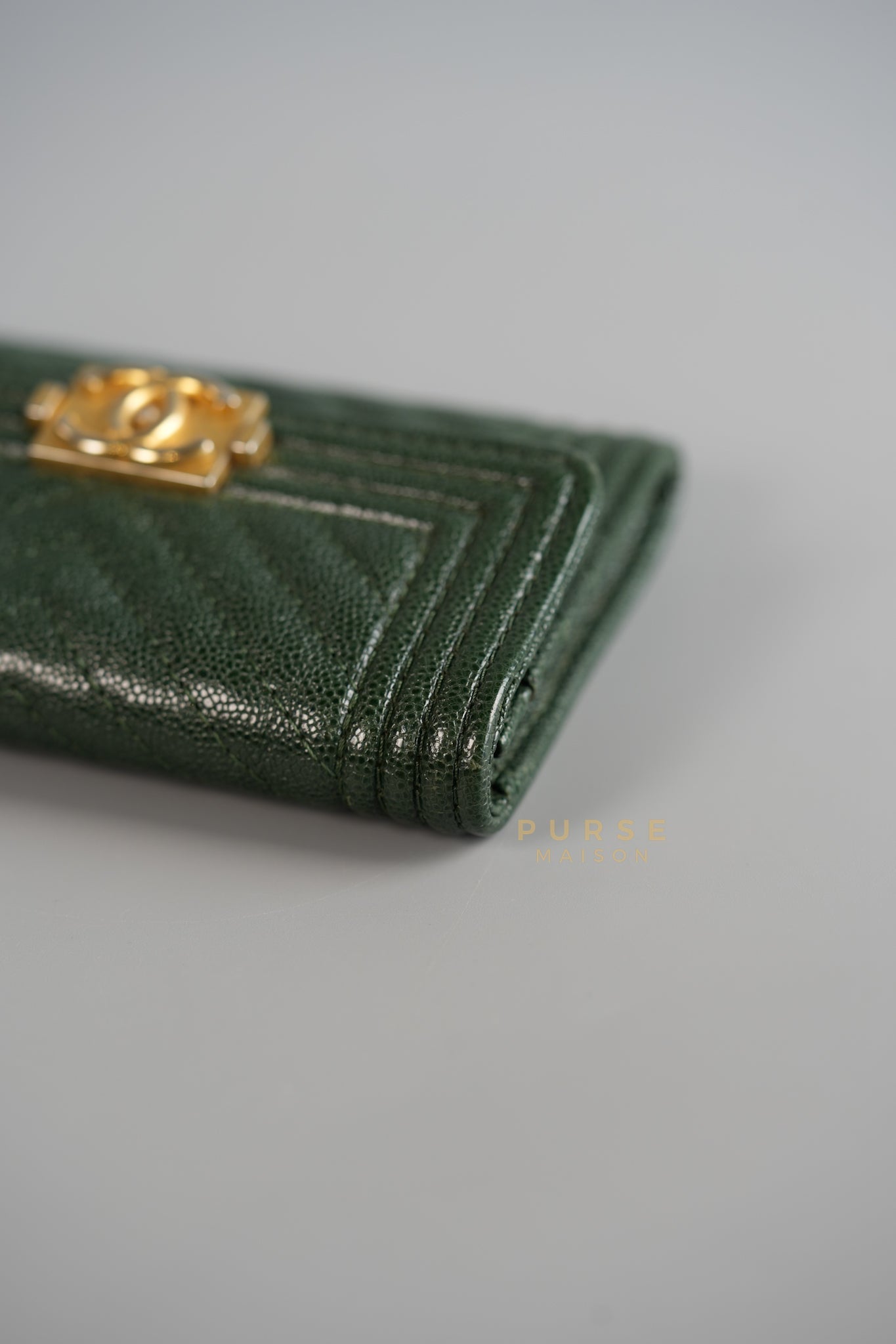 Boy Card Holder Chevron in Emerald Green Caviar & Aged Gold Hardware Series 26 | Purse Maison Luxury Bags Shop