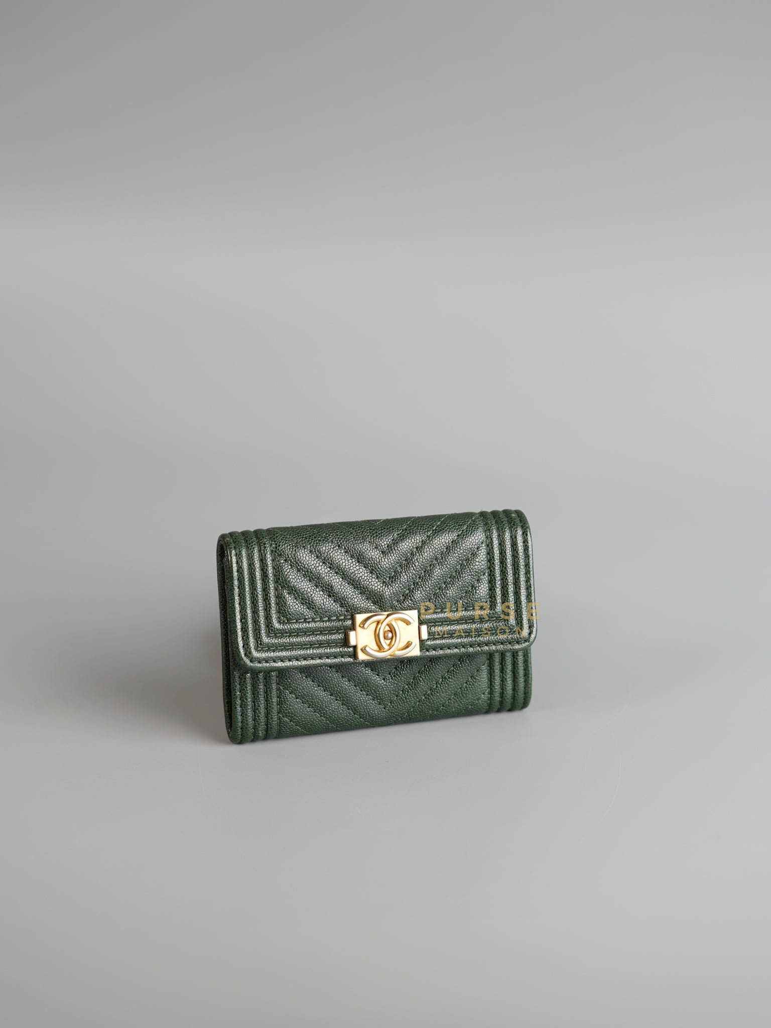 Boy Card Holder Chevron in Emerald Green Caviar & Aged Gold Hardware Series 26 | Purse Maison Luxury Bags Shop