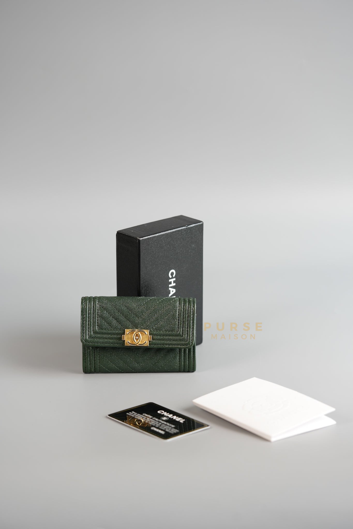 Boy Card Holder Chevron in Emerald Green Caviar & Aged Gold Hardware Series 26 | Purse Maison Luxury Bags Shop