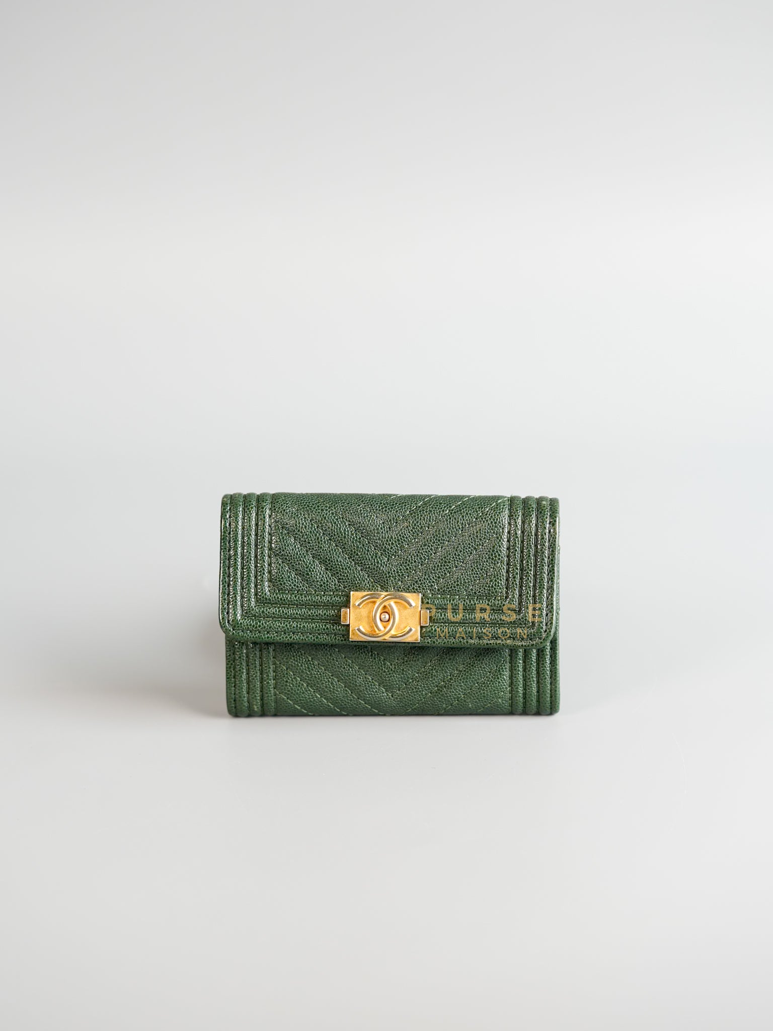 Boy Card Holder Chevron in Emerald Green Caviar & Aged Gold Hardware Series 26 | Purse Maison Luxury Bags Shop