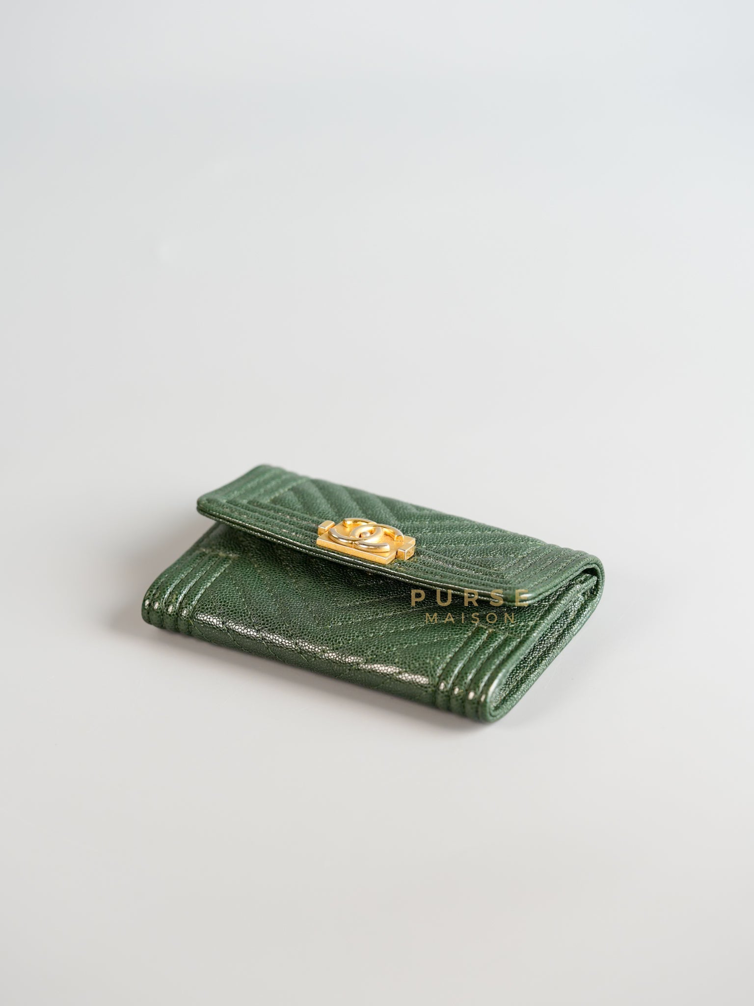 Boy Card Holder Chevron in Emerald Green Caviar & Aged Gold Hardware Series 26 | Purse Maison Luxury Bags Shop