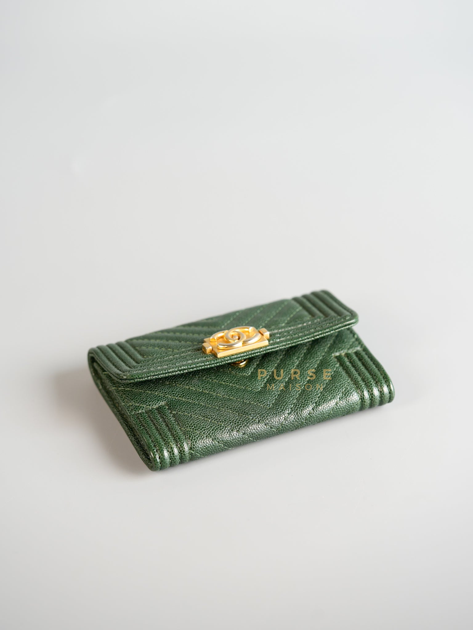 Boy Card Holder Chevron in Emerald Green Caviar & Aged Gold Hardware Series 26 | Purse Maison Luxury Bags Shop