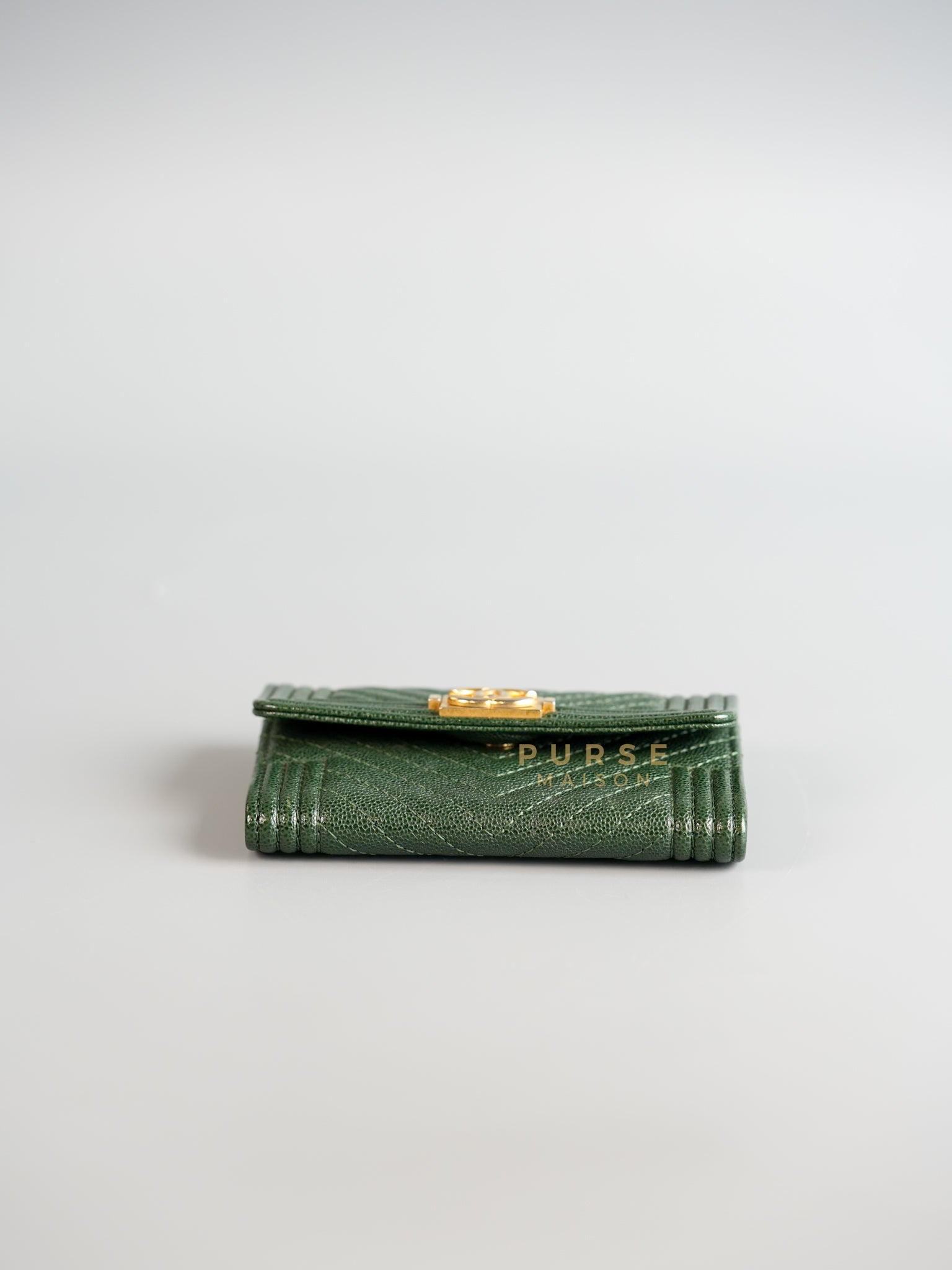 Boy Card Holder Chevron in Emerald Green Caviar & Aged Gold Hardware Series 26 | Purse Maison Luxury Bags Shop