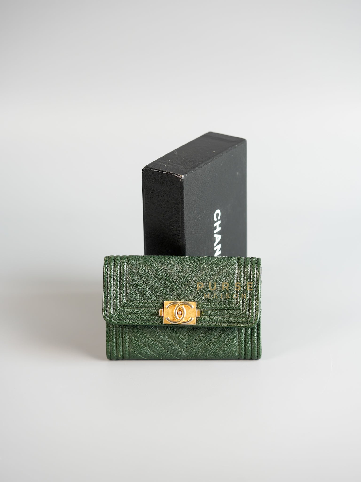 Boy Card Holder Chevron in Emerald Green Caviar & Aged Gold Hardware Series 26 | Purse Maison Luxury Bags Shop