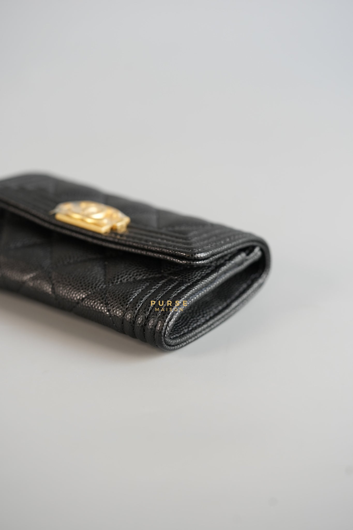 Boy Card Holder Quilted in Black Caviar & Aged Gold Hardware (Microchip) | Purse Maison Luxury Bags Shop