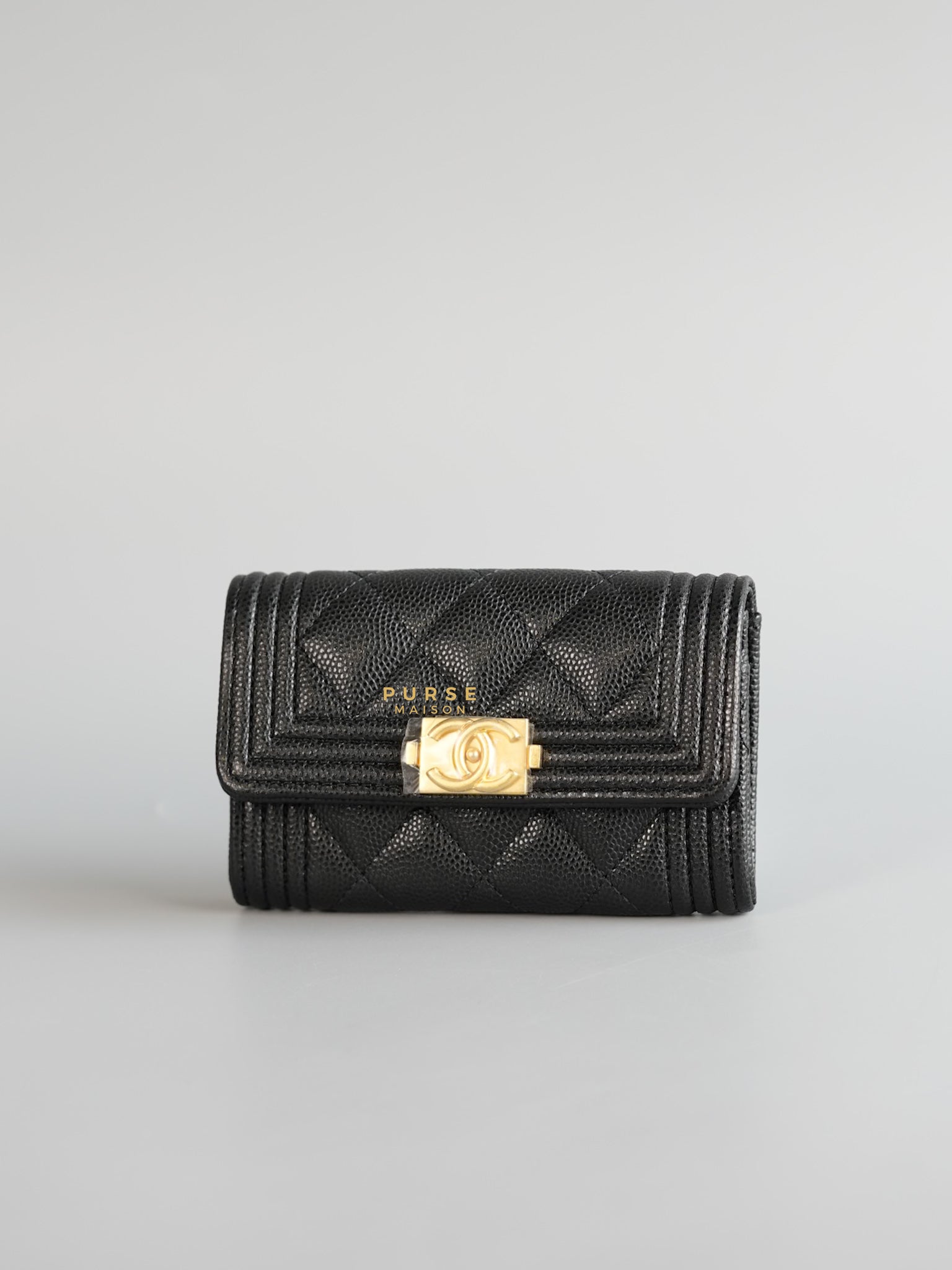 Boy Card Holder Quilted in Black Caviar & Aged Gold Hardware (Microchip) | Purse Maison Luxury Bags Shop