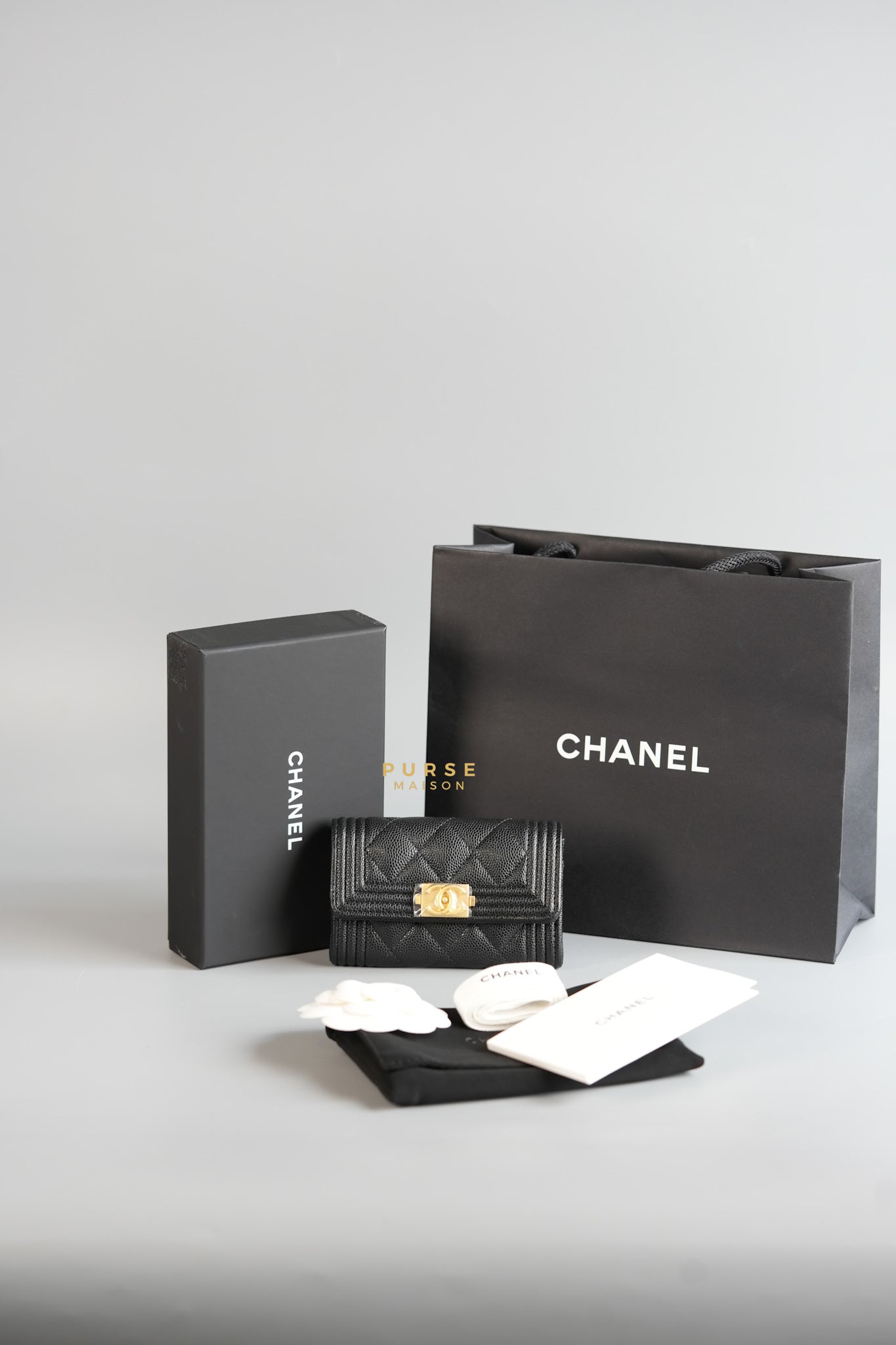 Boy Card Holder Quilted in Black Caviar & Aged Gold Hardware (Microchip) | Purse Maison Luxury Bags Shop