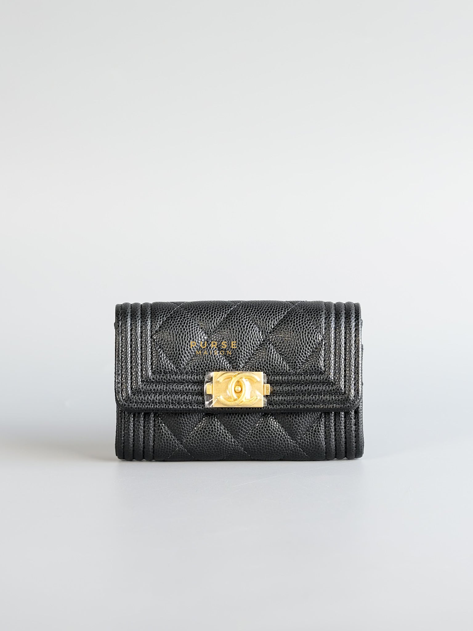 Boy Card Holder Quilted in Black Caviar & Aged Gold Hardware (Microchip) | Purse Maison Luxury Bags Shop