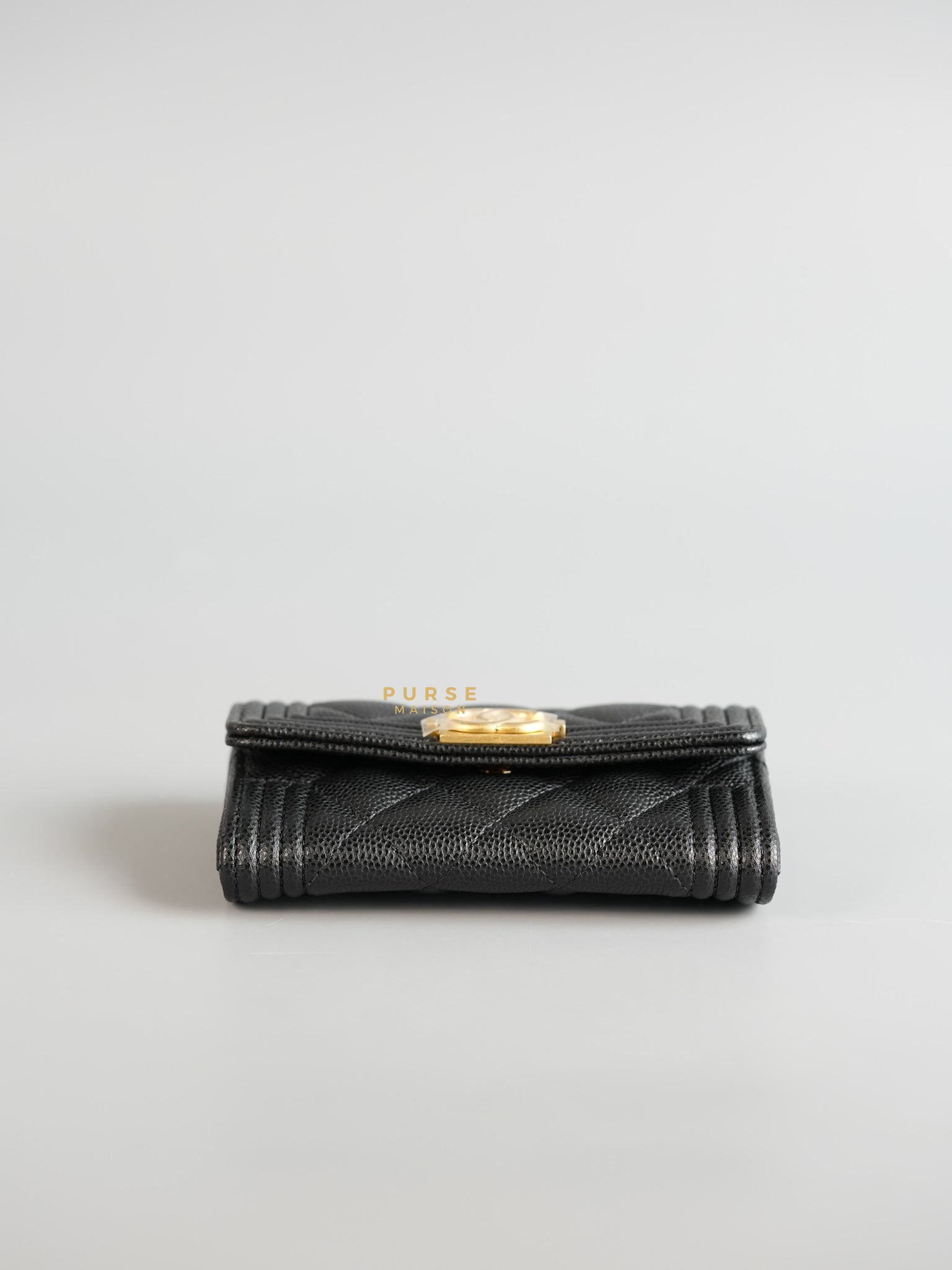 Boy Card Holder Quilted in Black Caviar & Aged Gold Hardware (Microchip) | Purse Maison Luxury Bags Shop