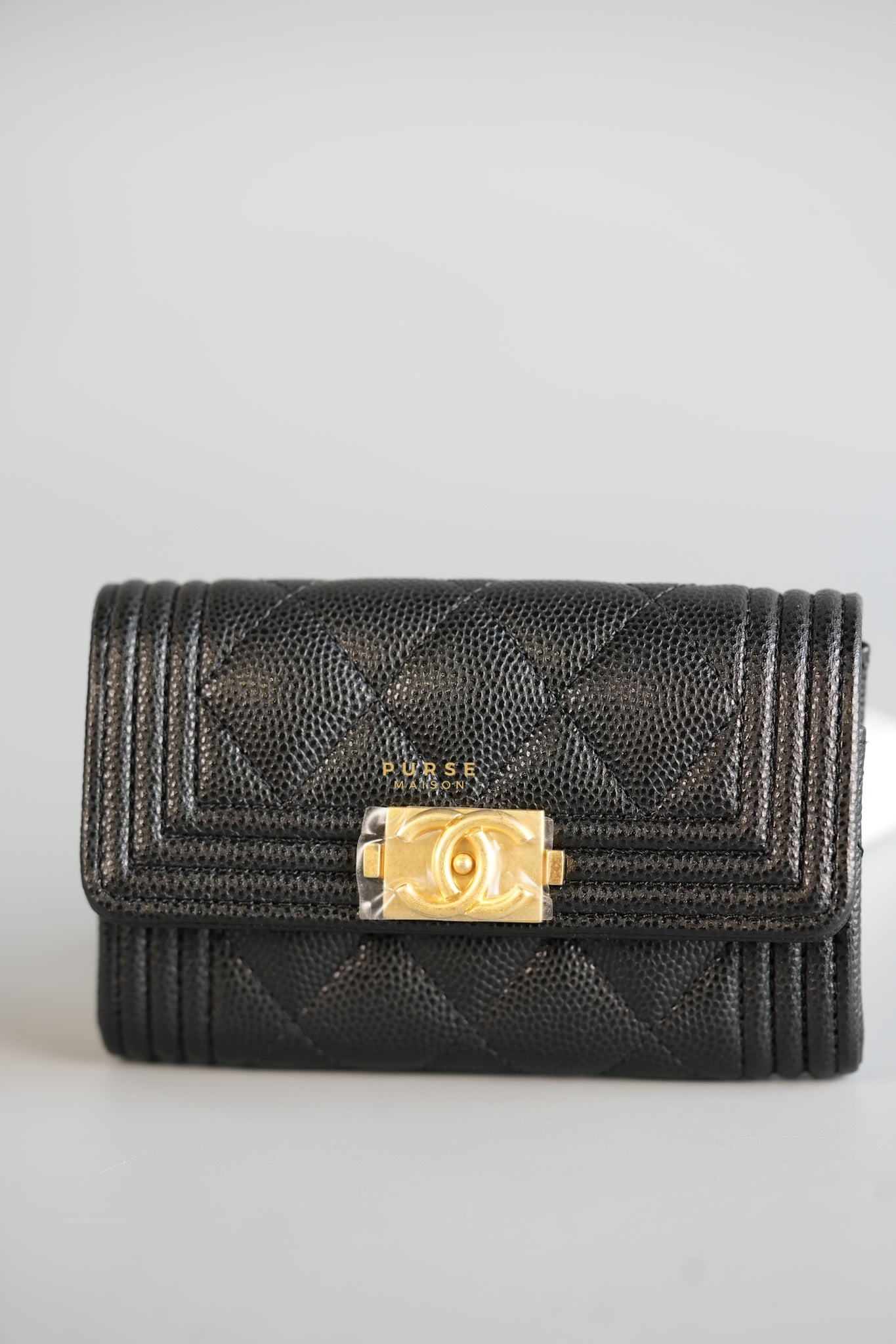 Boy Card Holder Quilted in Black Caviar & Aged Gold Hardware (Microchip) | Purse Maison Luxury Bags Shop