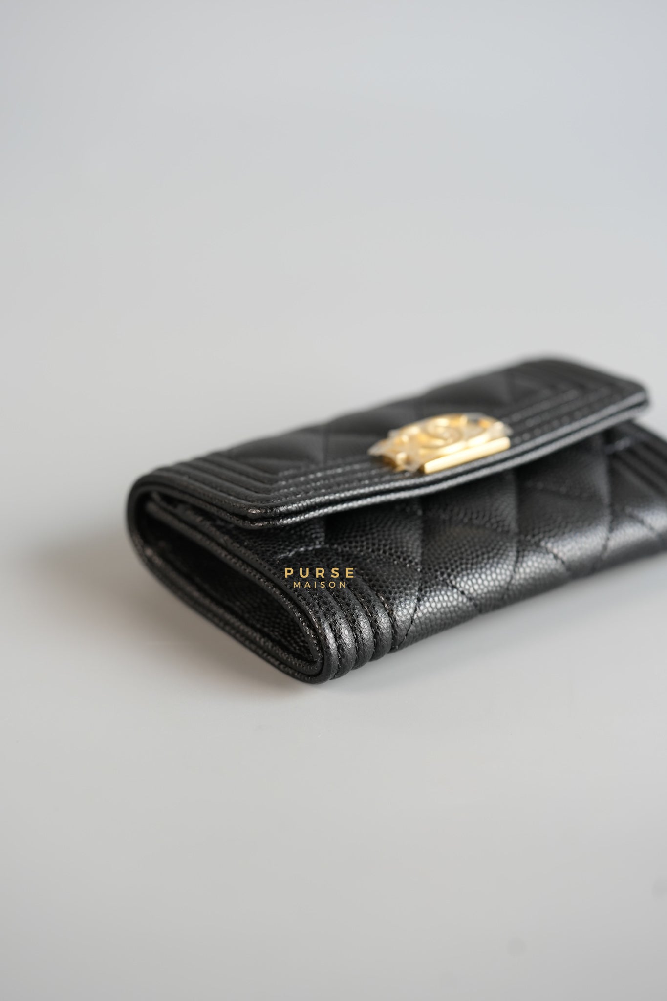 Boy Card Holder Quilted in Black Caviar & Aged Gold Hardware (Microchip) | Purse Maison Luxury Bags Shop