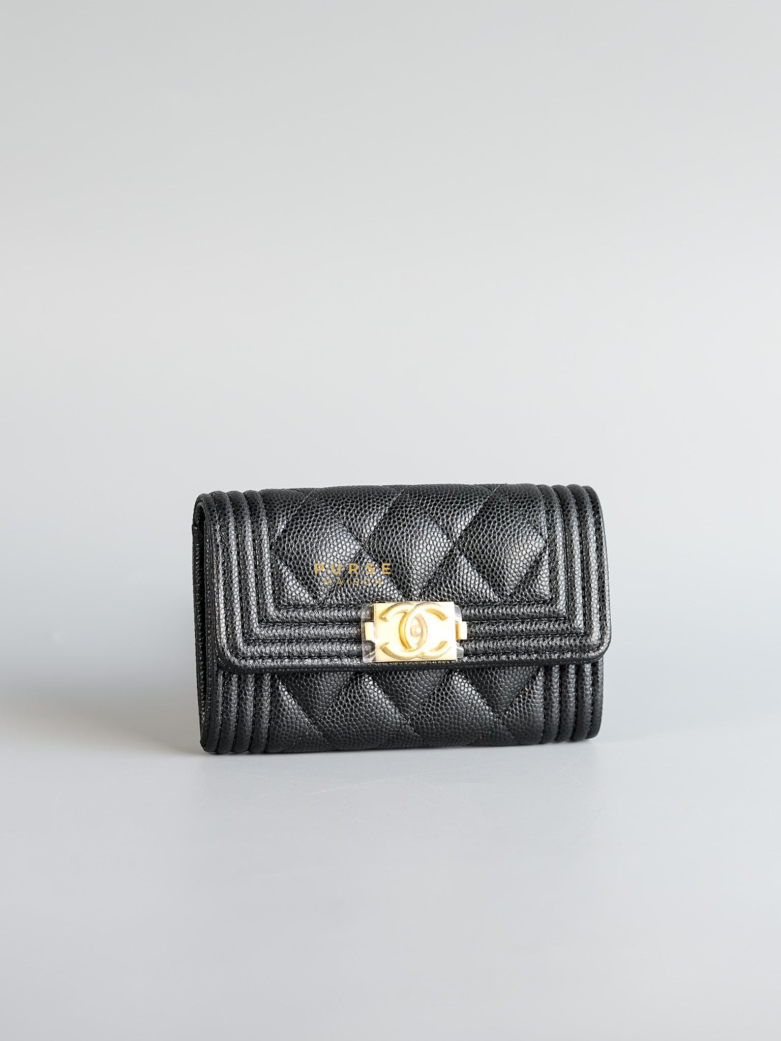 Boy Card Holder Quilted in Black Caviar & Aged Gold Hardware (Microchip) | Purse Maison Luxury Bags Shop